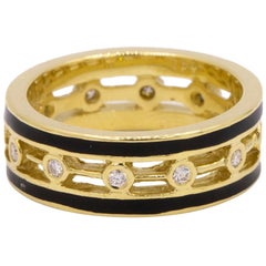 Gold Band with Black Inlay and Bezel Set Diamonds