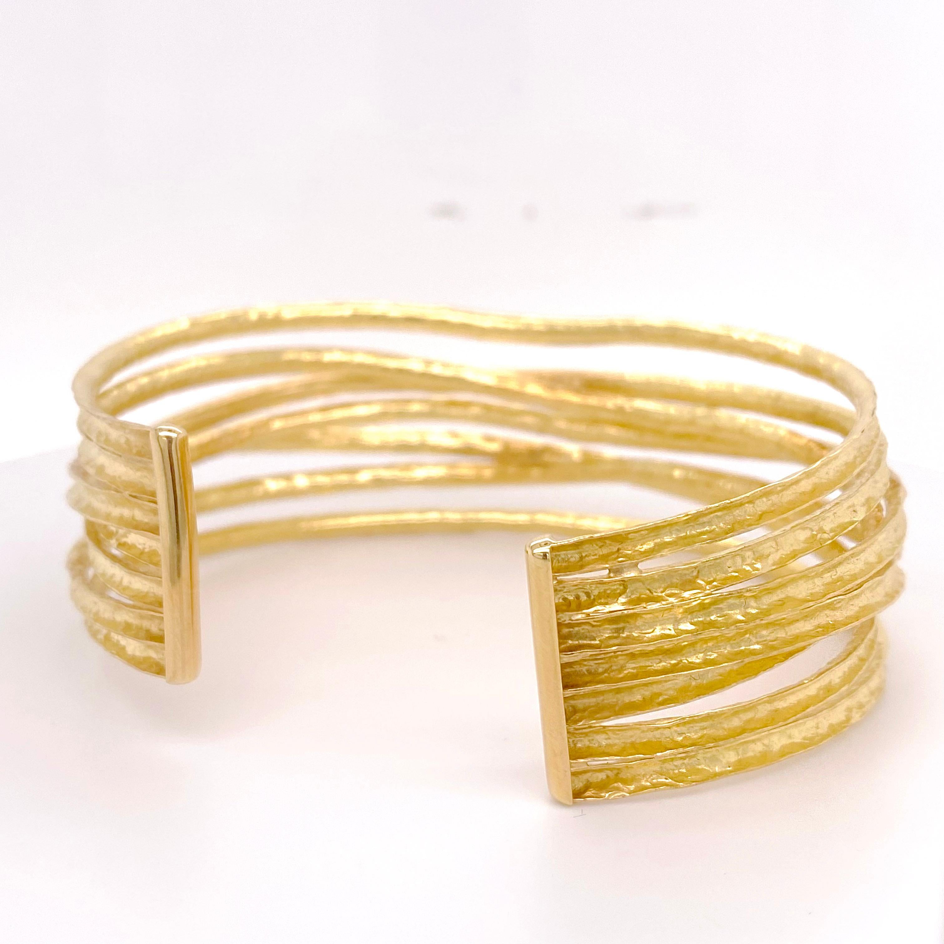 Contemporary Gold Bangle Bracelet, 18k Yellow Gold Layered Cuff w Texture