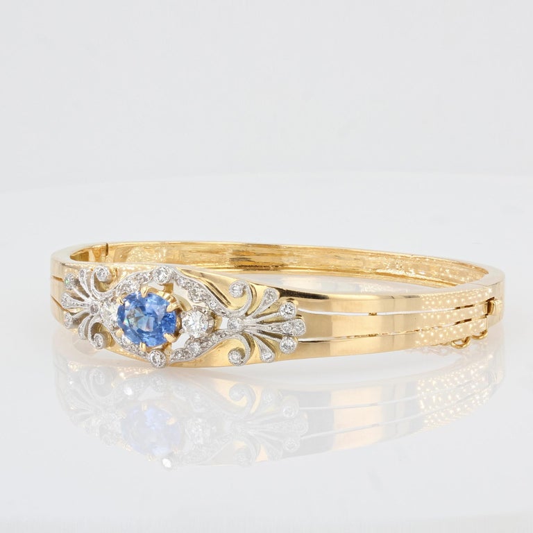 Gold Bangle Bracelet Set with Diamonds and Sapphire For Sale at 1stDibs