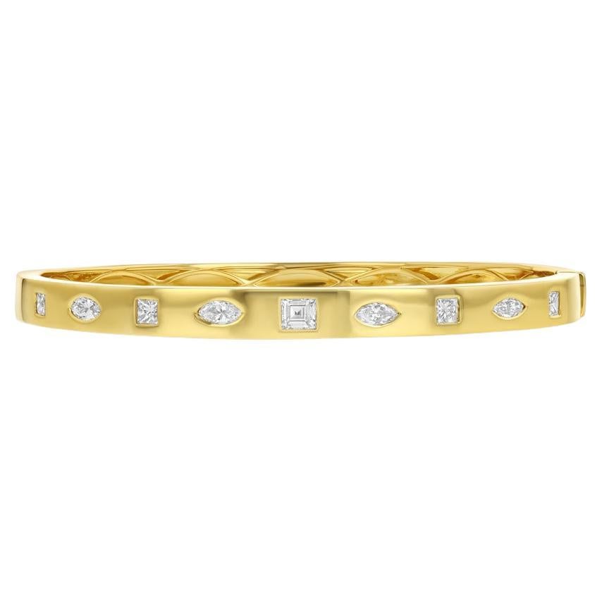 Gold Bangle with Multi Shaped Diamonds For Sale