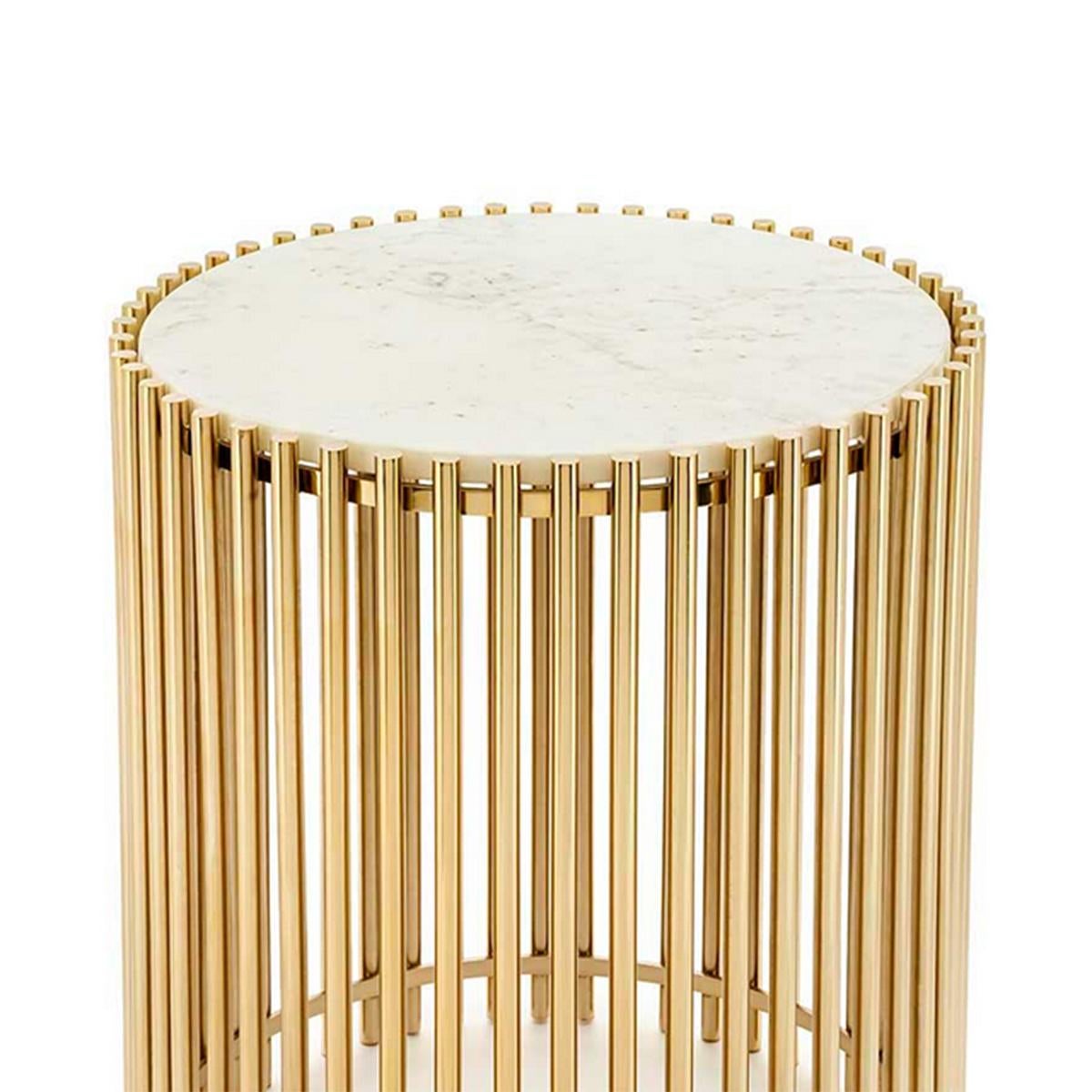 Side table gold bars white with steel structure 
in gold finish and with white stone round top.