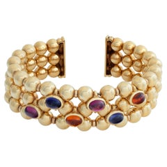 Gold Bead Flexible Cuff with Colored Cabochon Stones in 14k Yellow Gold