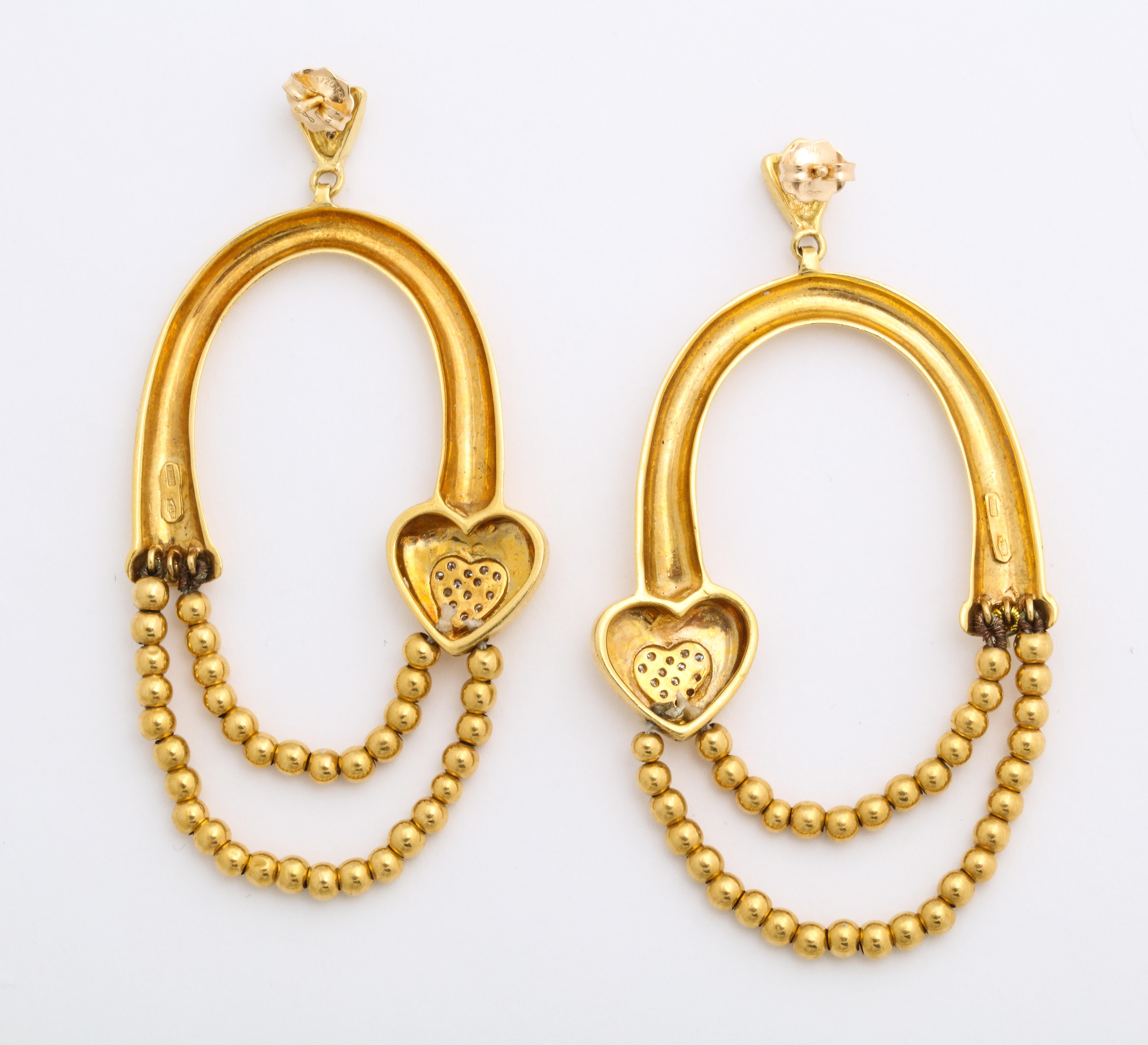 Modern Gold Bead Hoop and Diamond Heart Earrings