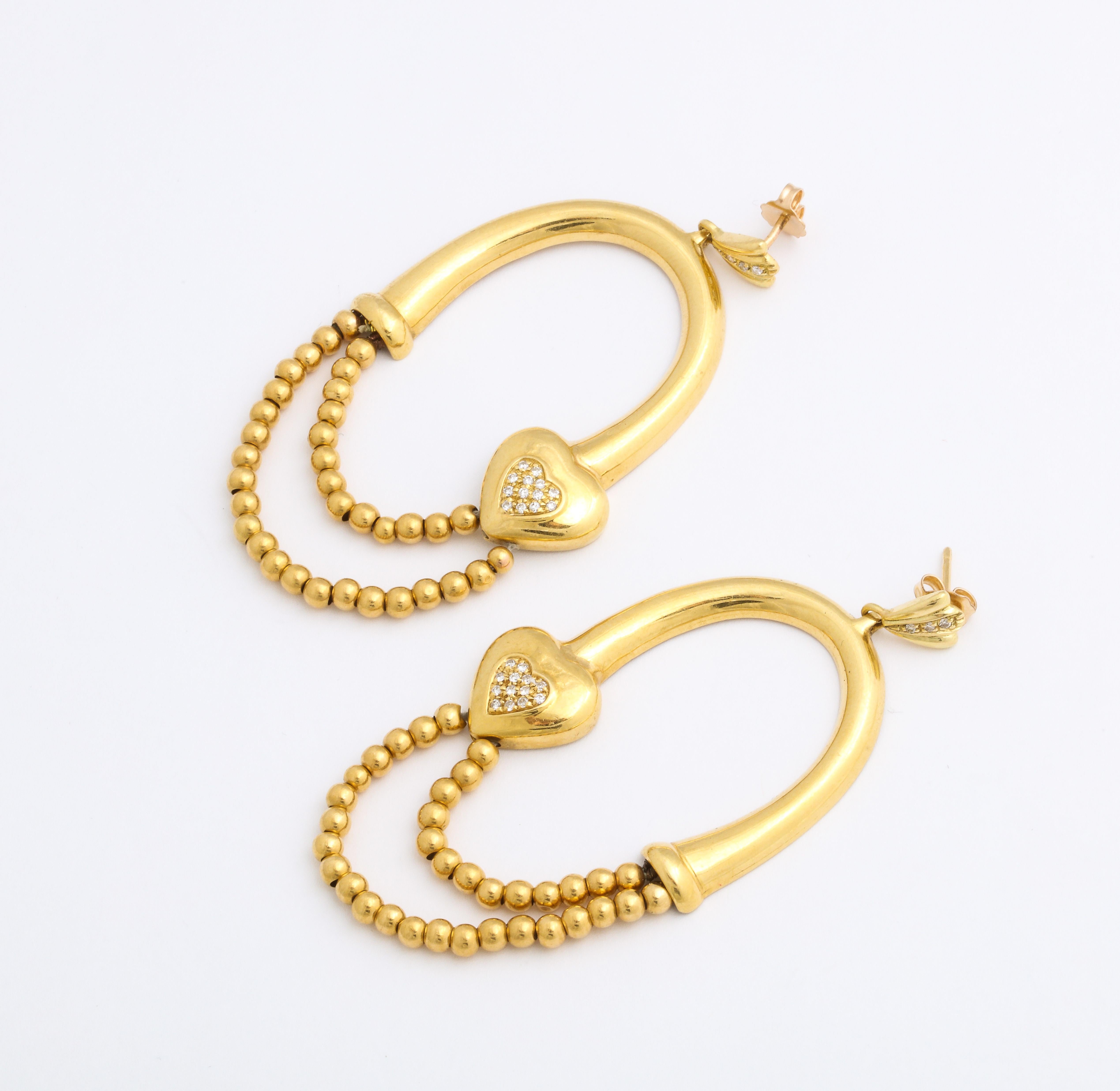 Women's Gold Bead Hoop and Diamond Heart Earrings
