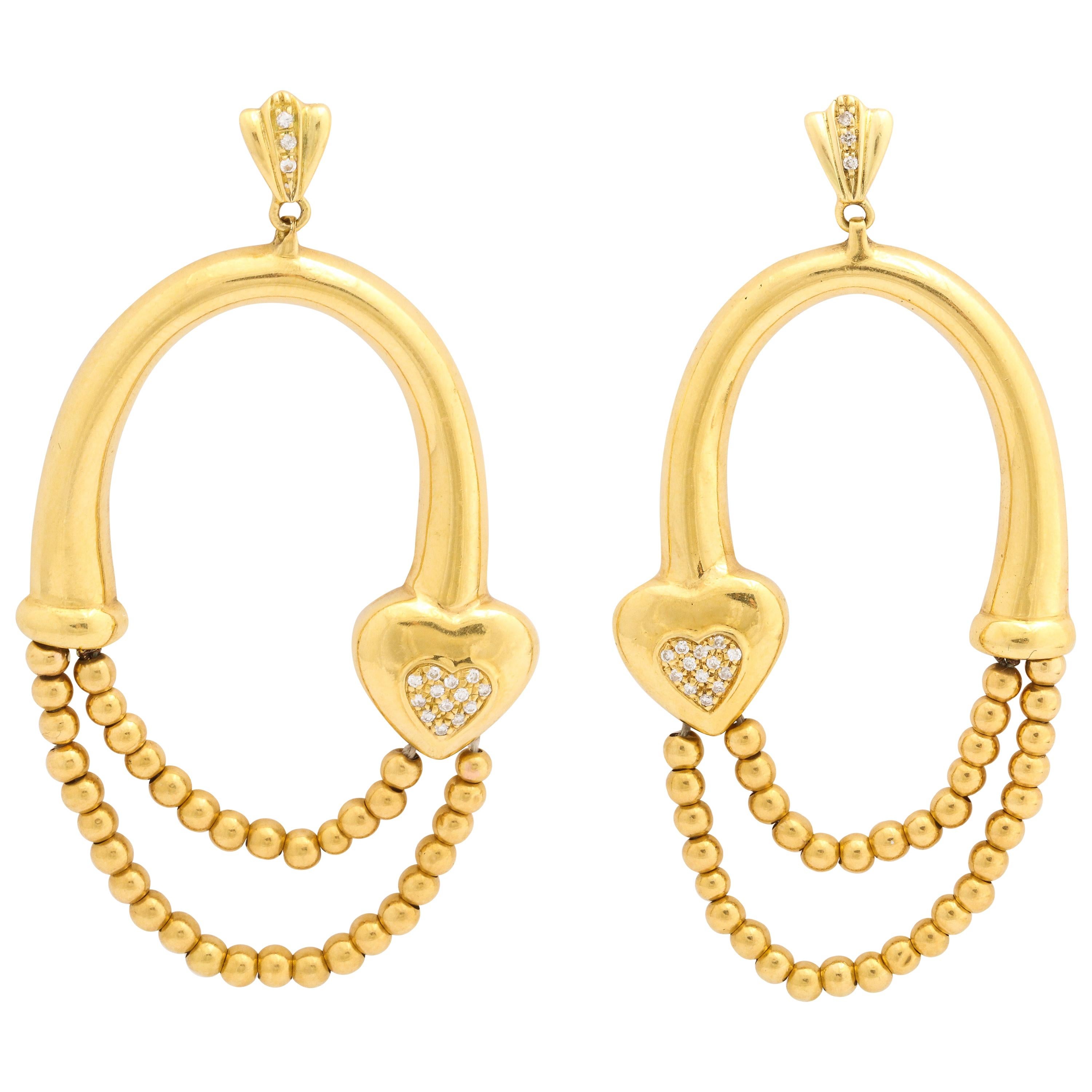 Gold Bead Hoop and Diamond Heart Earrings