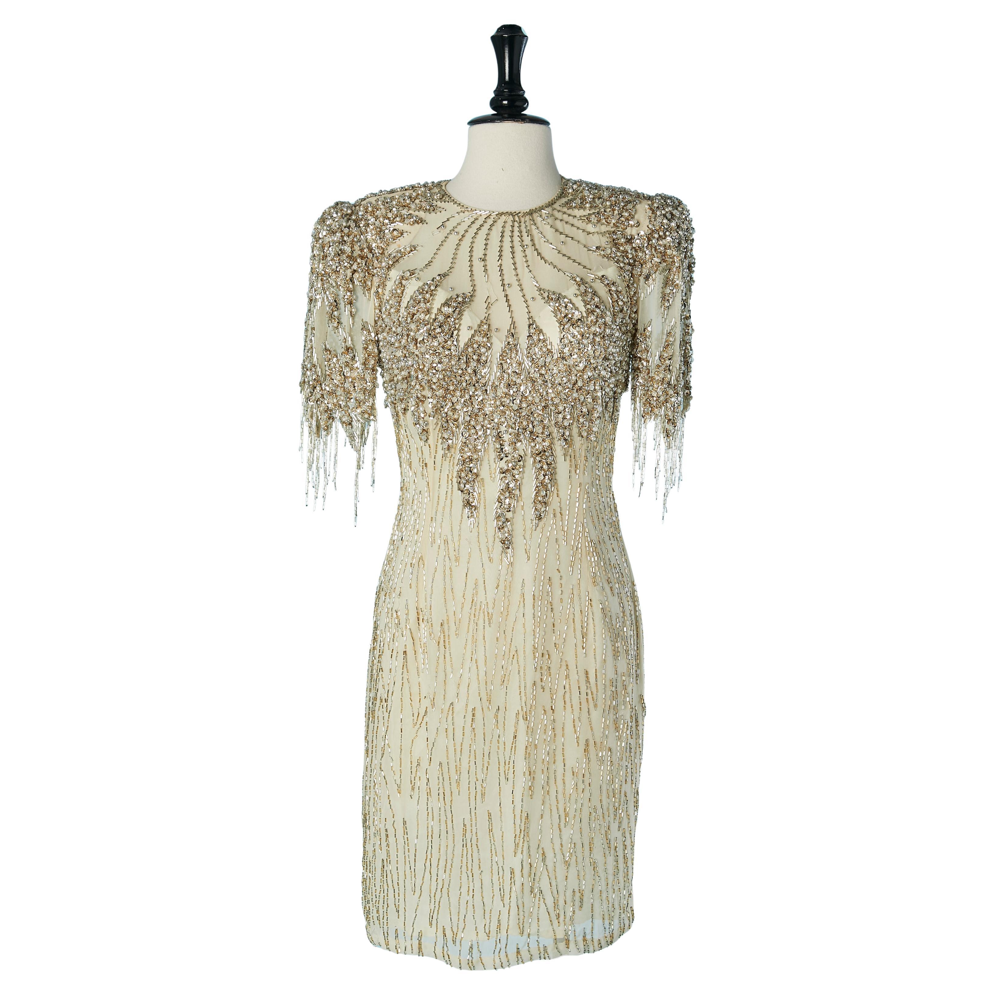 Gold beaded cocktail dress BLACK TIE by OLEG CASSINI For Sale