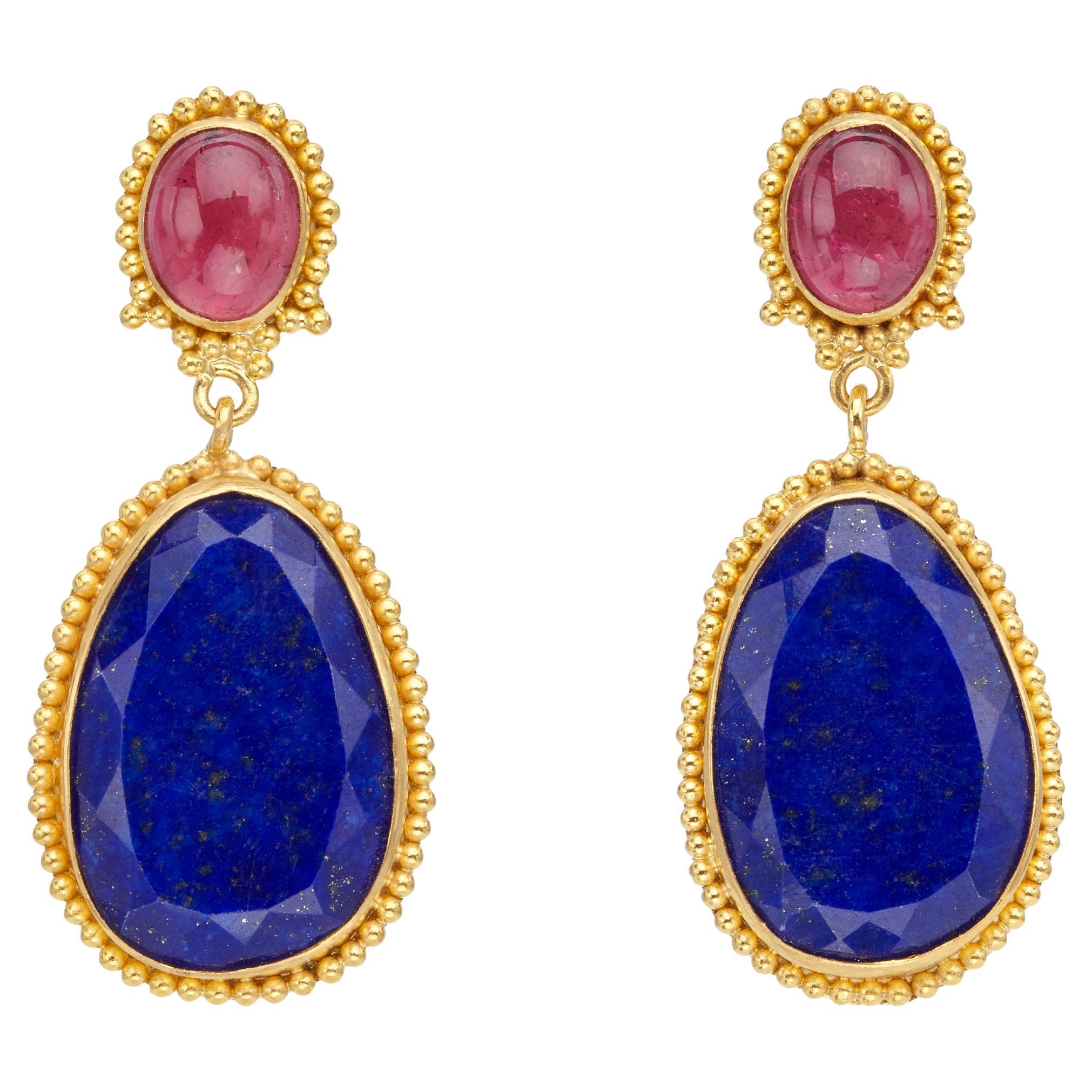 Gold Beaded Earrings in 22kt Yellow Gold with Blue Lapis Lazuli and Tourmaline