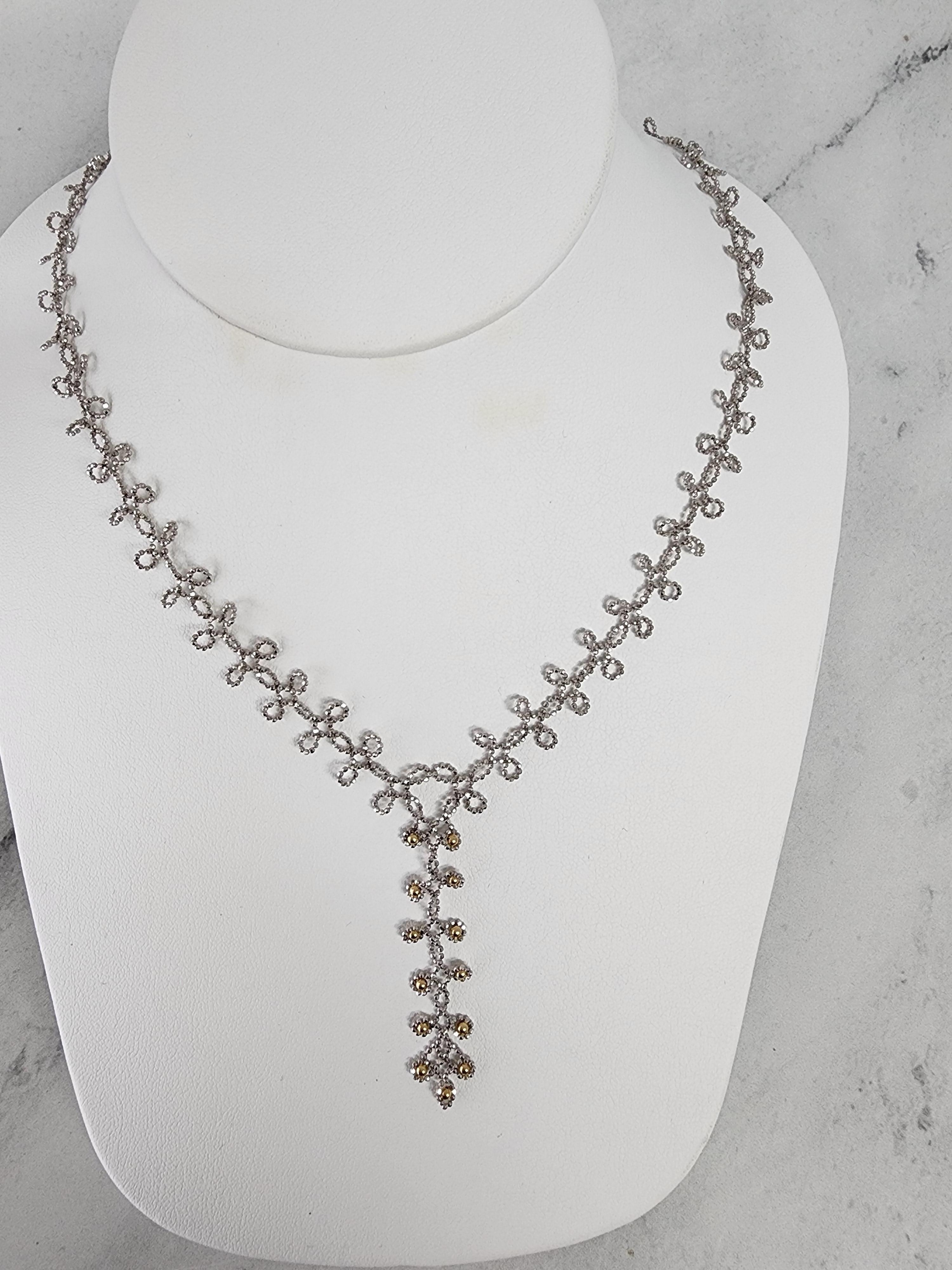 Gold Beaded Leaf Drop Necklace 14k Yellow White Gold In New Condition For Sale In Sugar Land, TX