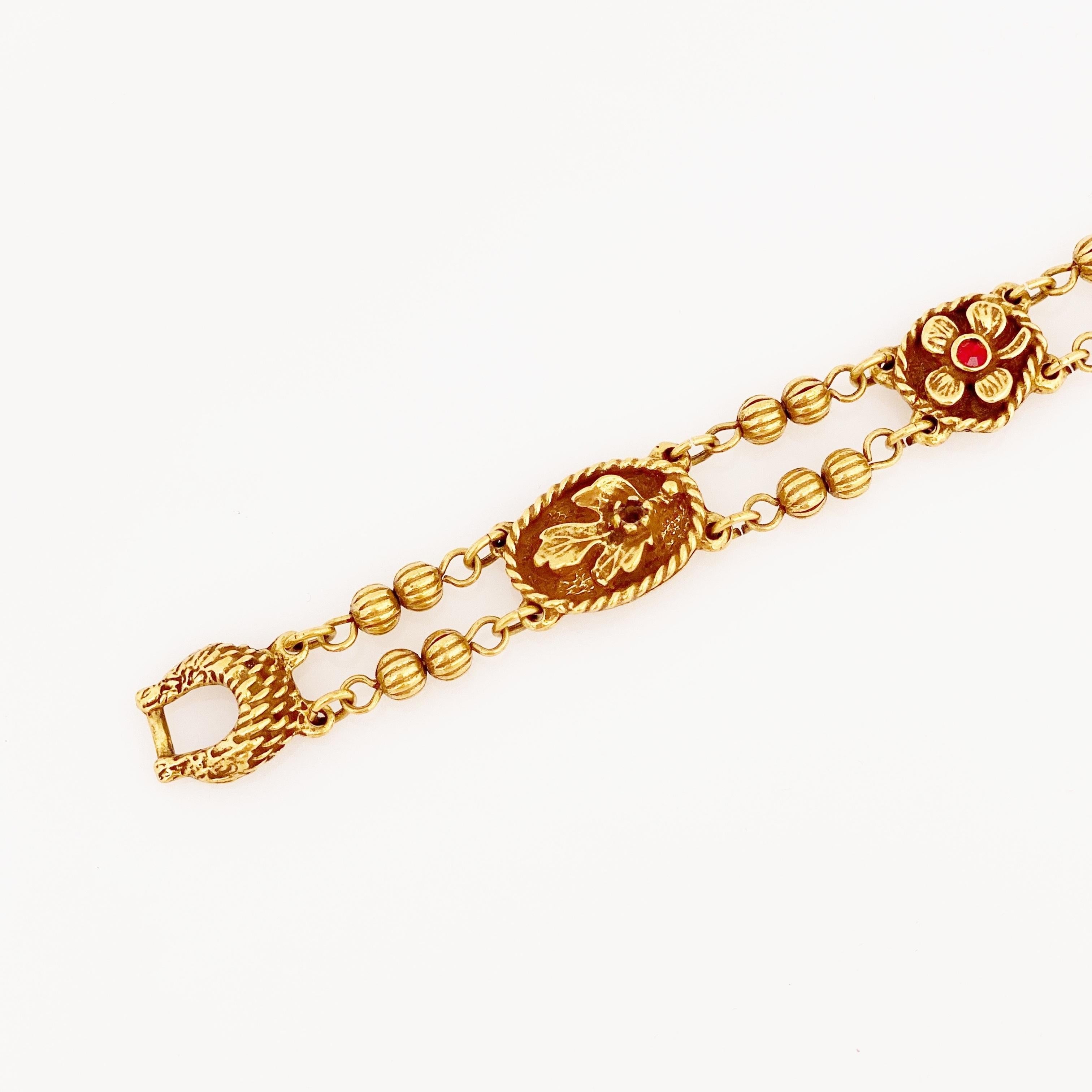 Modern Gold Beaded Victorian Revival Bracelet With Clover & Heart Motif, 1960s