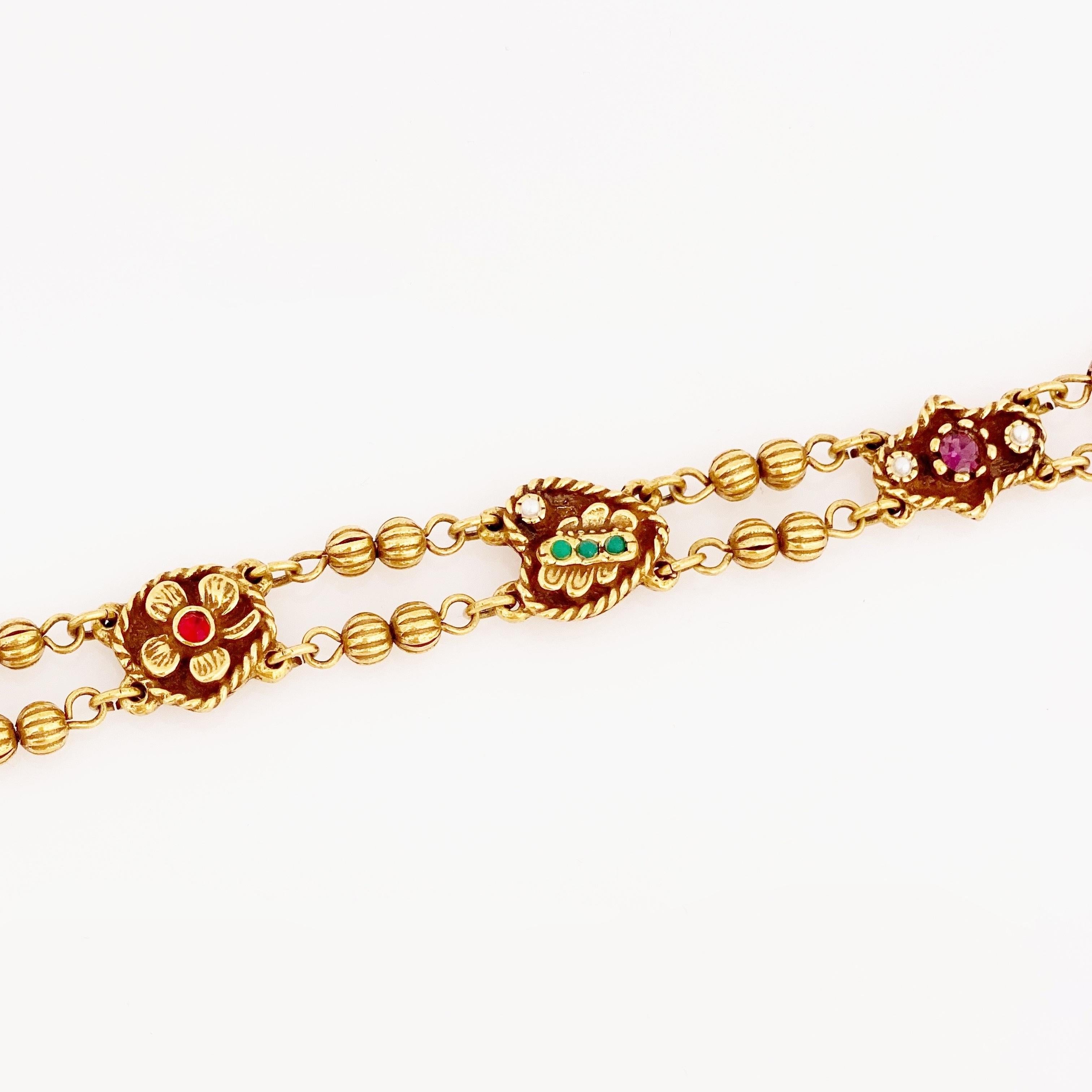 Gold Beaded Victorian Revival Bracelet With Clover & Heart Motif, 1960s In Good Condition In McKinney, TX