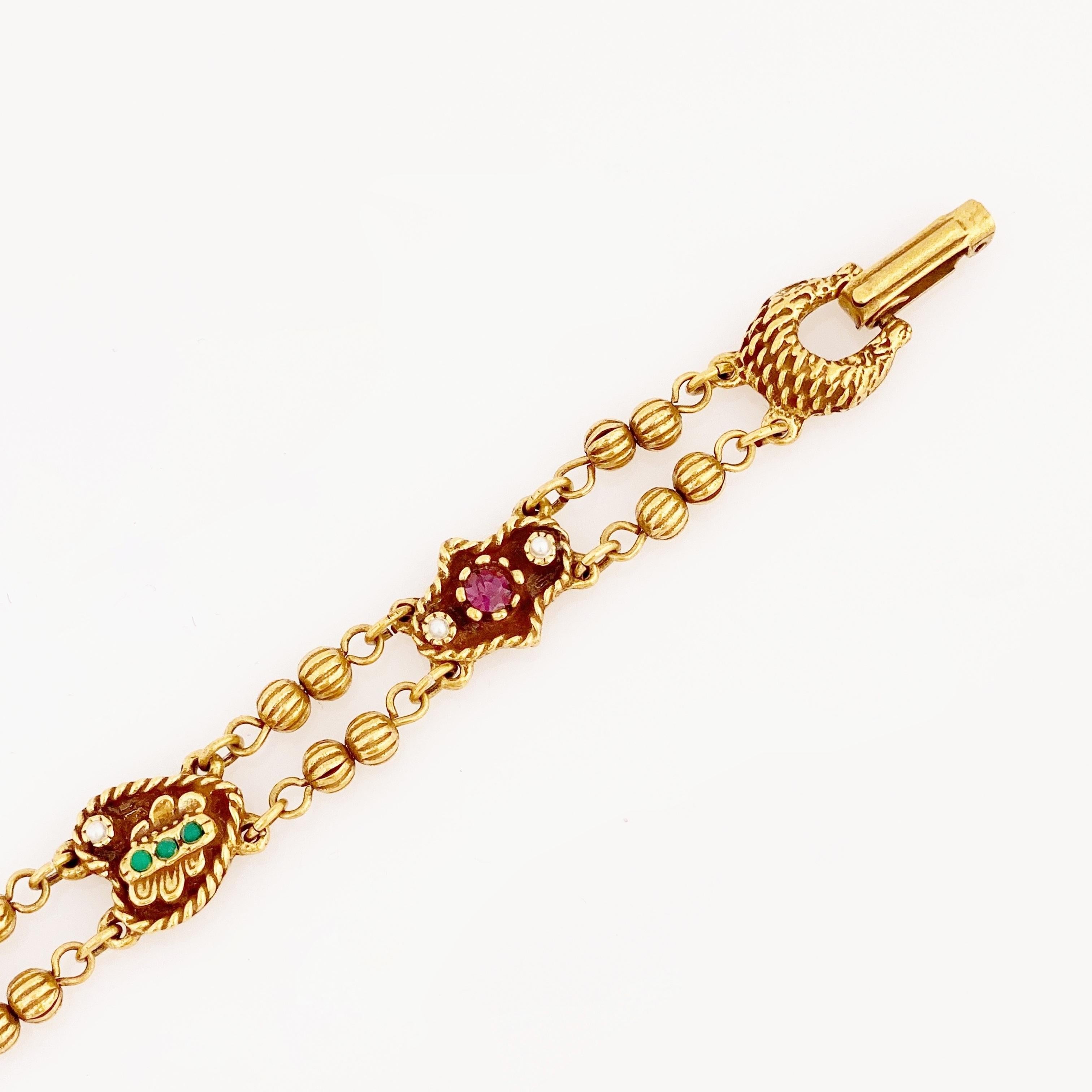 Women's Gold Beaded Victorian Revival Bracelet With Clover & Heart Motif, 1960s