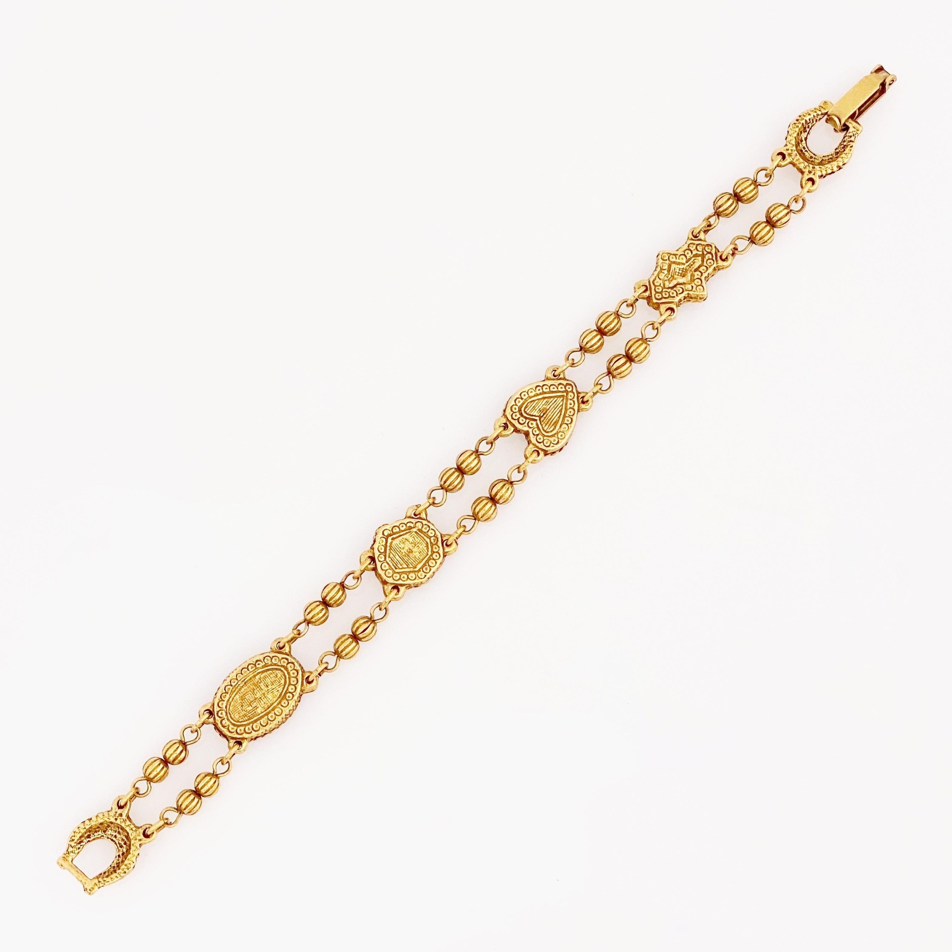 Gold Beaded Victorian Revival Bracelet With Clover & Heart Motif, 1960s 1