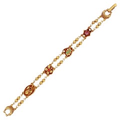 Vintage Gold Beaded Victorian Revival Bracelet With Clover & Heart Motif, 1960s