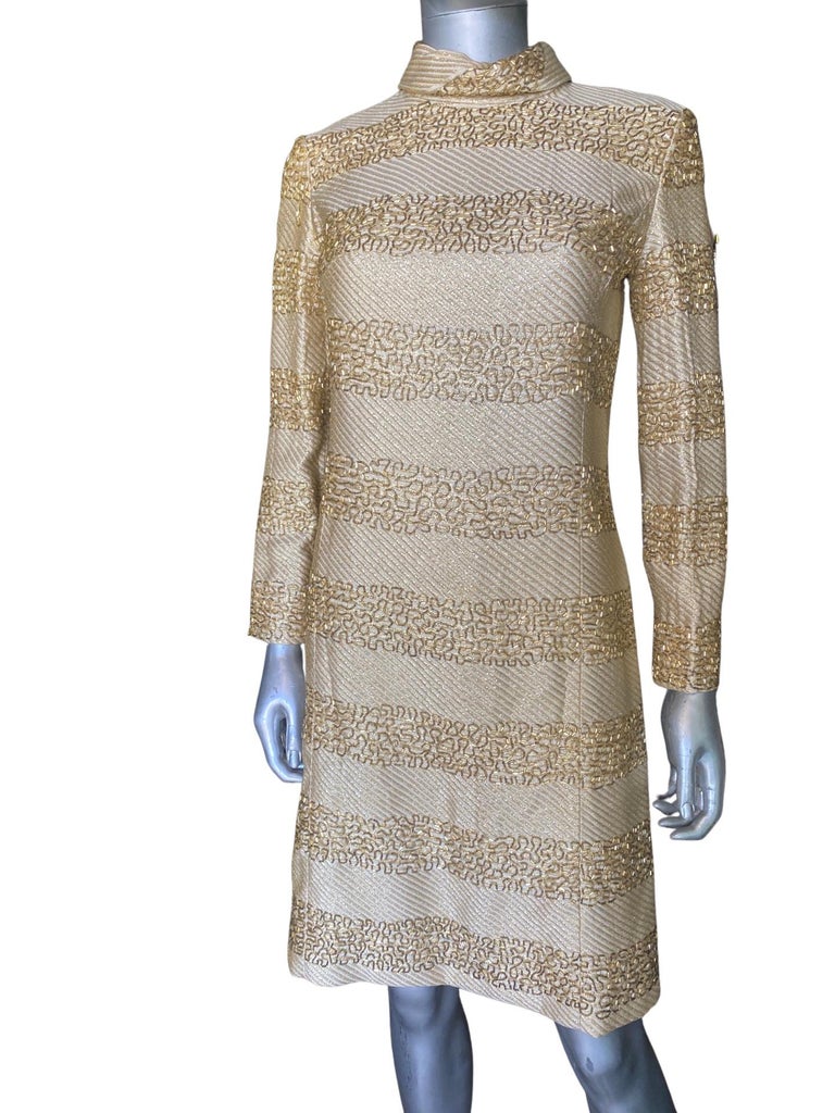 slim fit dress slacks Vintage Saks-Jandel Sheer Chiffon Gold Lamé Blossom Draped Dress – Recess main image 0