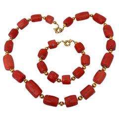 Gold Beads  Salmon Barrel Shape Coral Beaded 24" Necklace 8.5" Bracelet Set C41