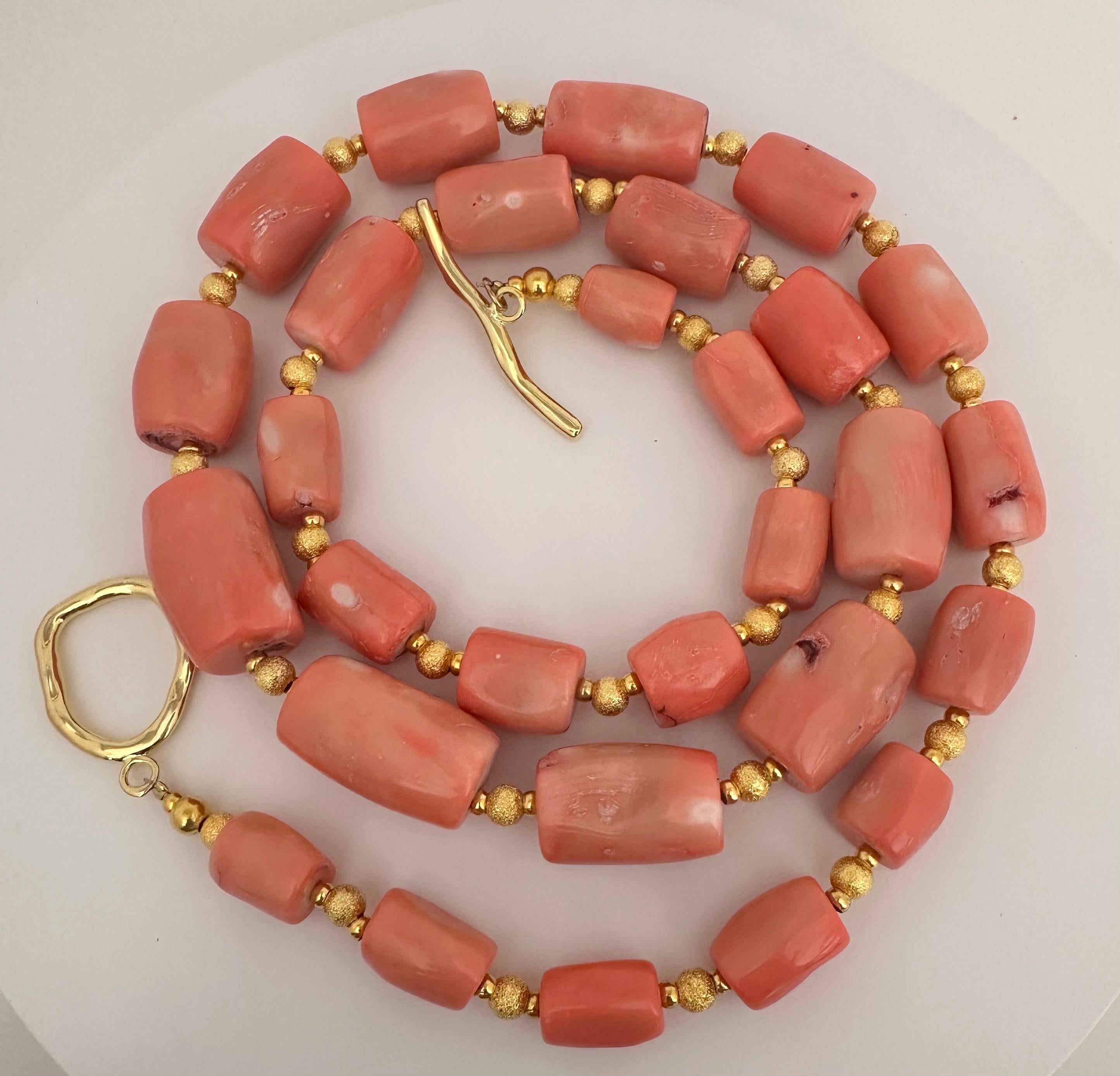 Gold Beads & Salmon Barrel Shape Coral Beaded 38