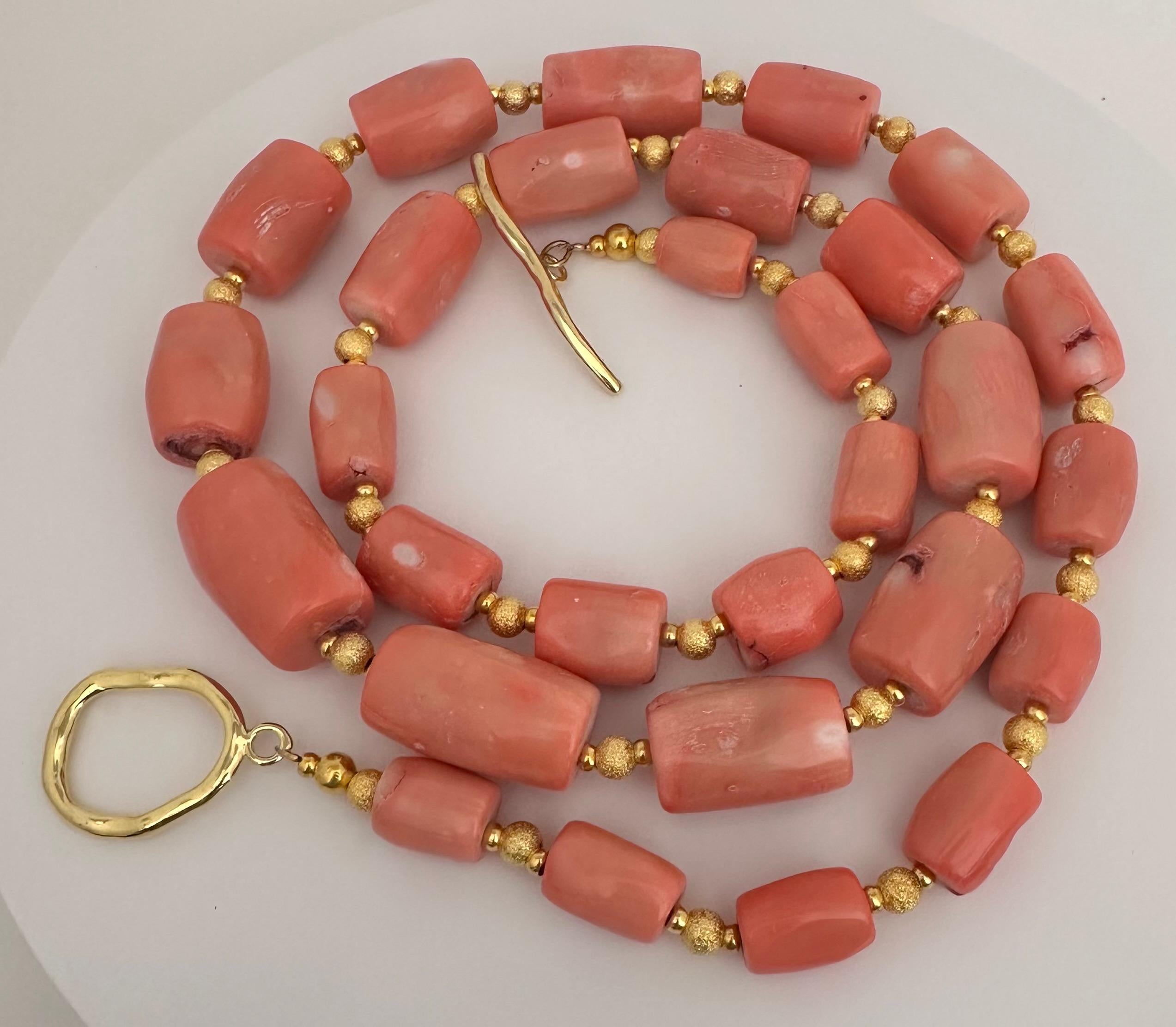 Gold Beads & Salmon Barrel Shape Coral Beaded 38