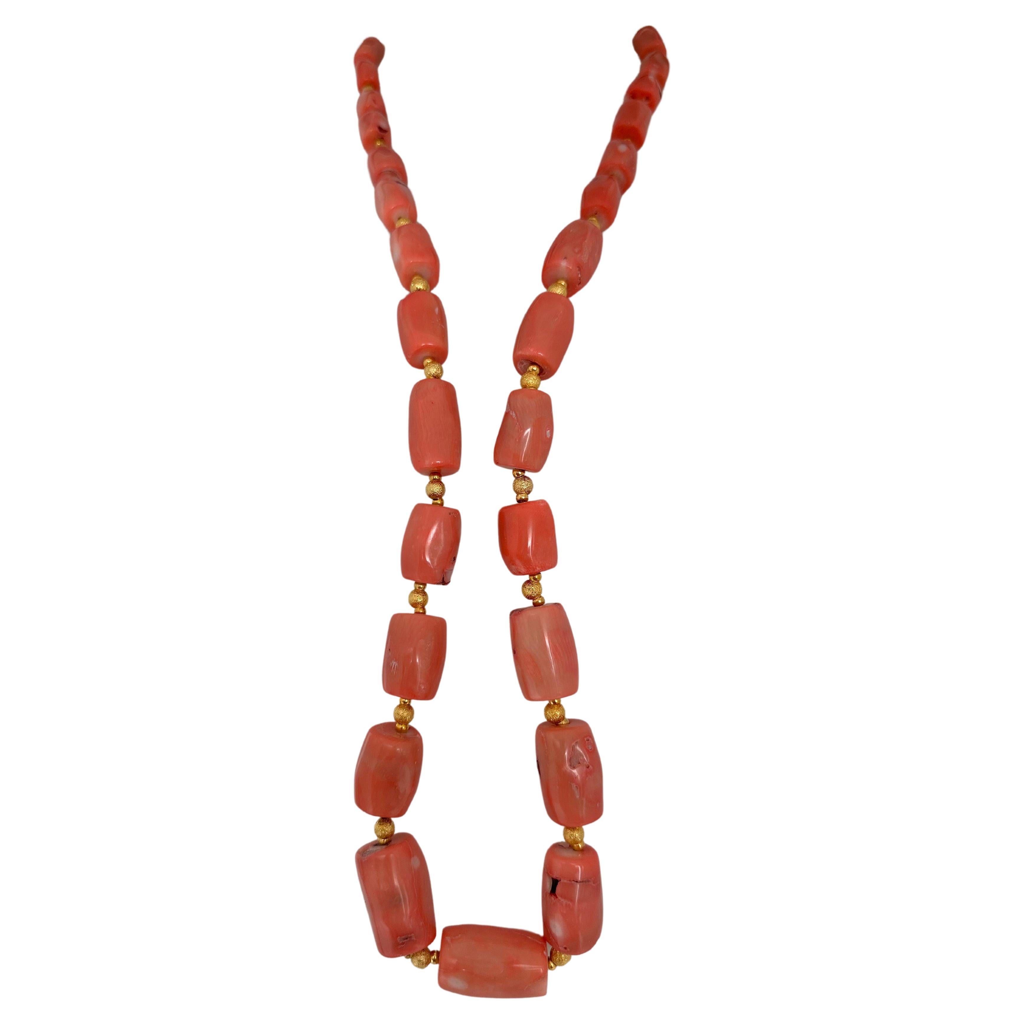 Gold Beads & Salmon Barrel Shape Coral Beaded 38" Necklace #C45 For Sale