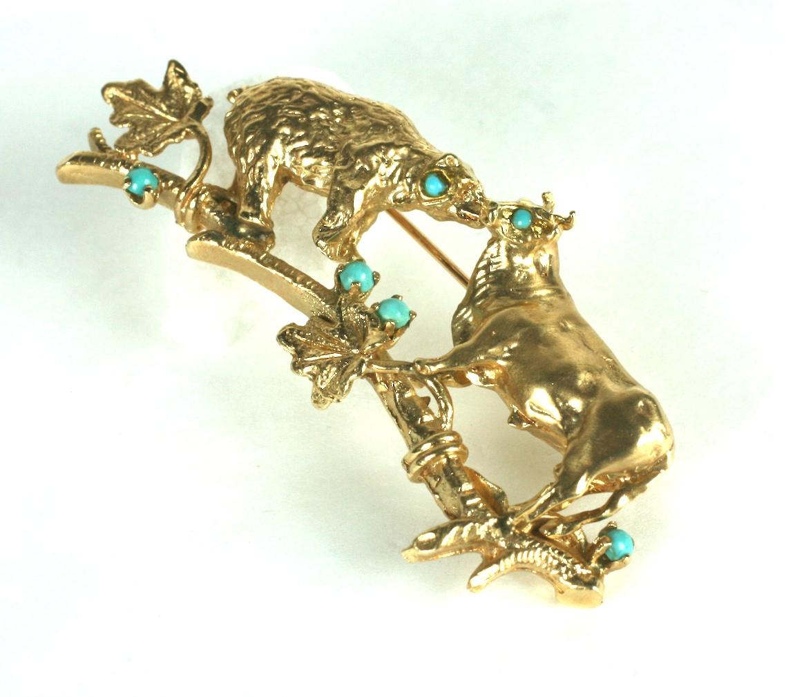Cabochon Gold Bear and Bull Brooch For Sale