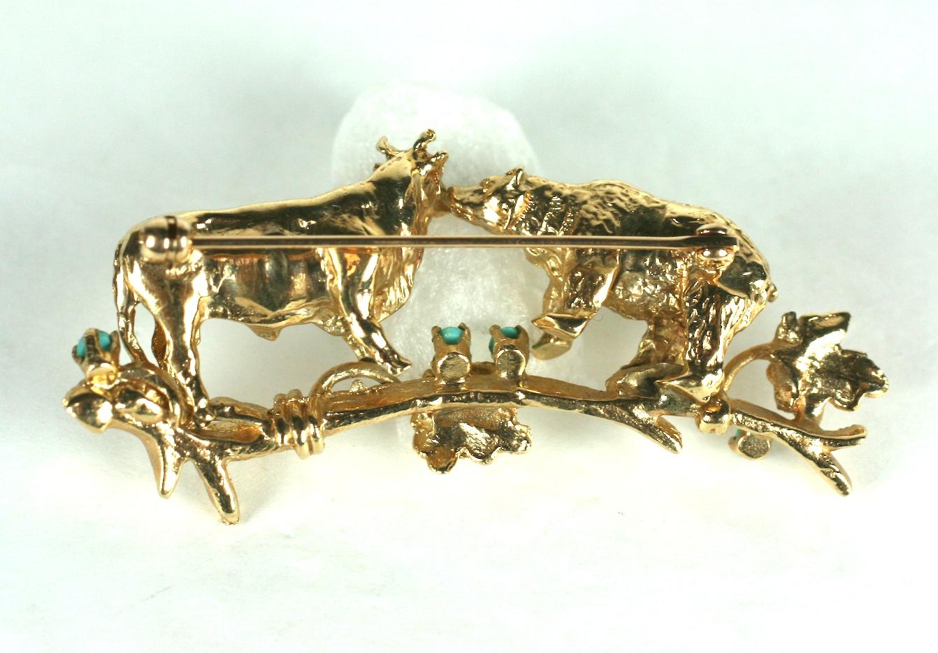 Women's or Men's Gold Bear and Bull Brooch For Sale