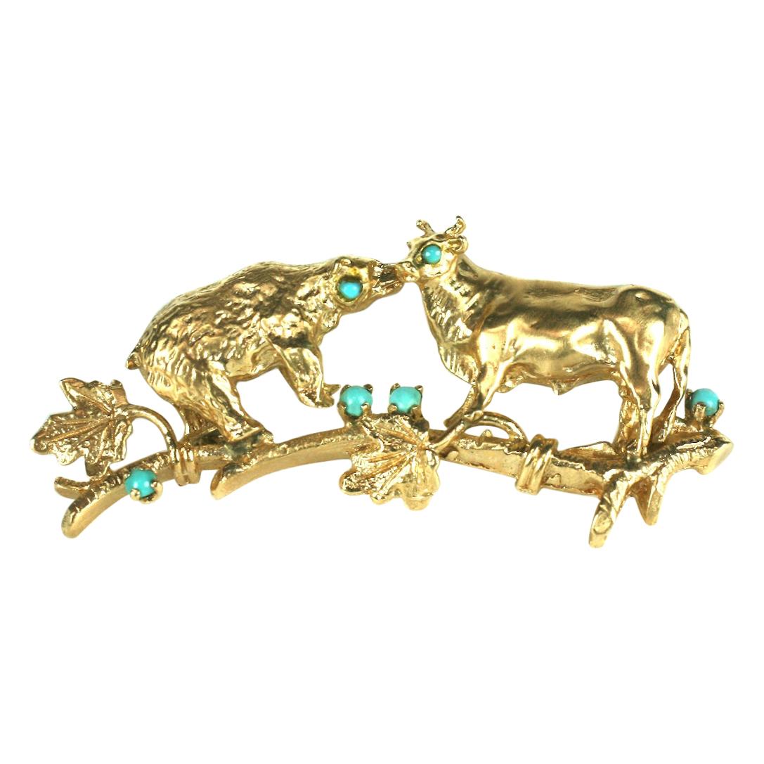 Gold Bear and Bull Brooch For Sale