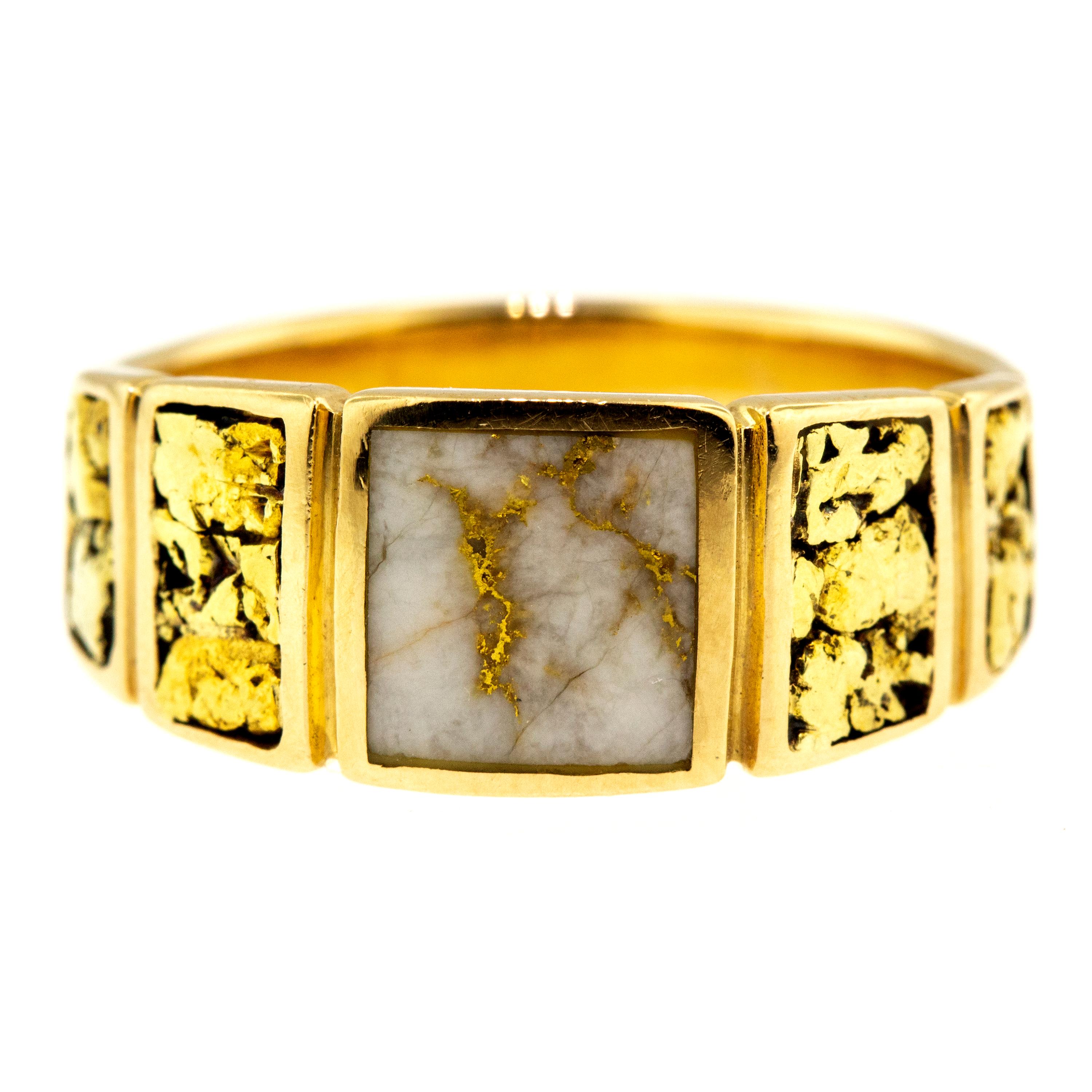 Gold Bearing Quartz and Gold Nugget 14 Karat Gold Men’s Ring CUSTOM SIZE, 8.75 In Good Condition In Logan, UT