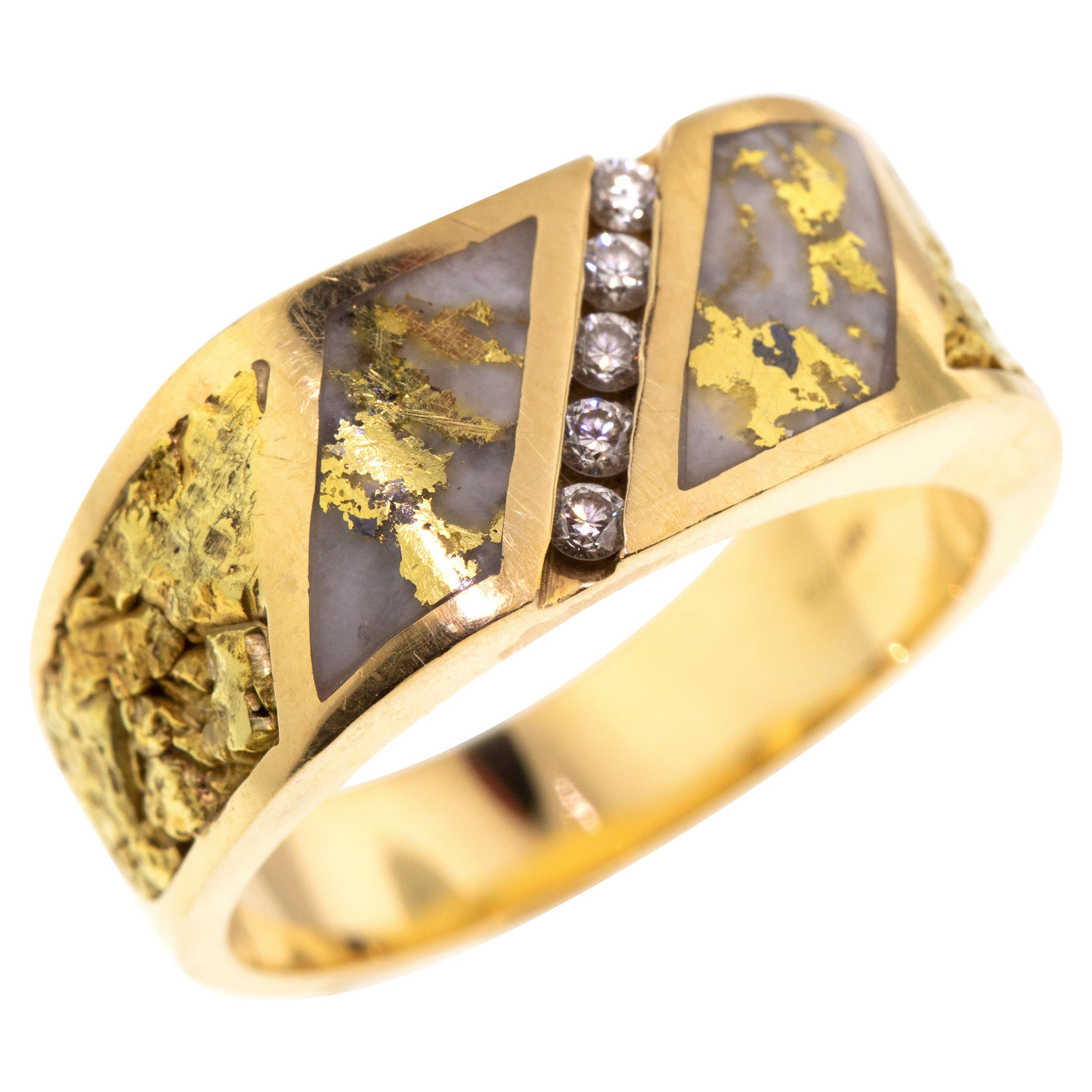 Natural Gold in Quartz, Gold Nugget, and Diamond 14 Karat Gold Men’s Ring For Sale