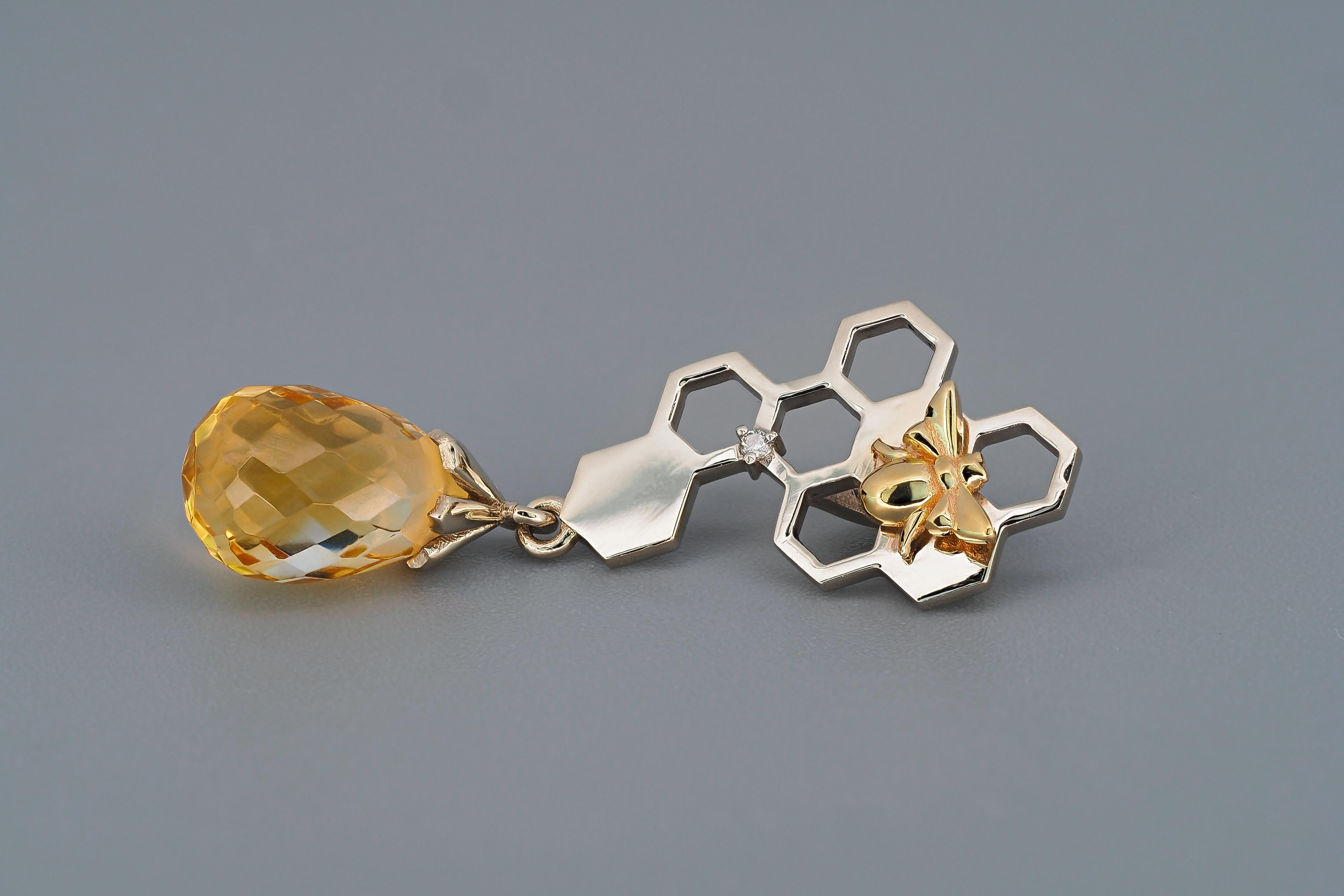 Modern Gold bee pendant. Honecomb pendant. 