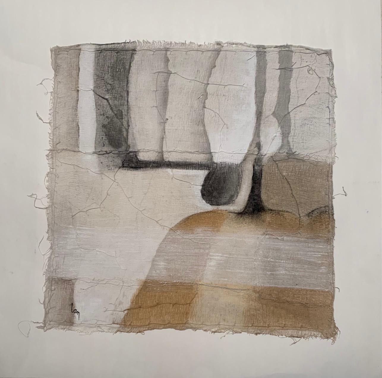 Contemporary Belgian artist Diane Petry creates her own three layer canvas using pima cotton, gauze and fine paper.
Colors are gold, beige and grey with black dot.
Raw edges and applied threads add texture and dimension to the acrylic