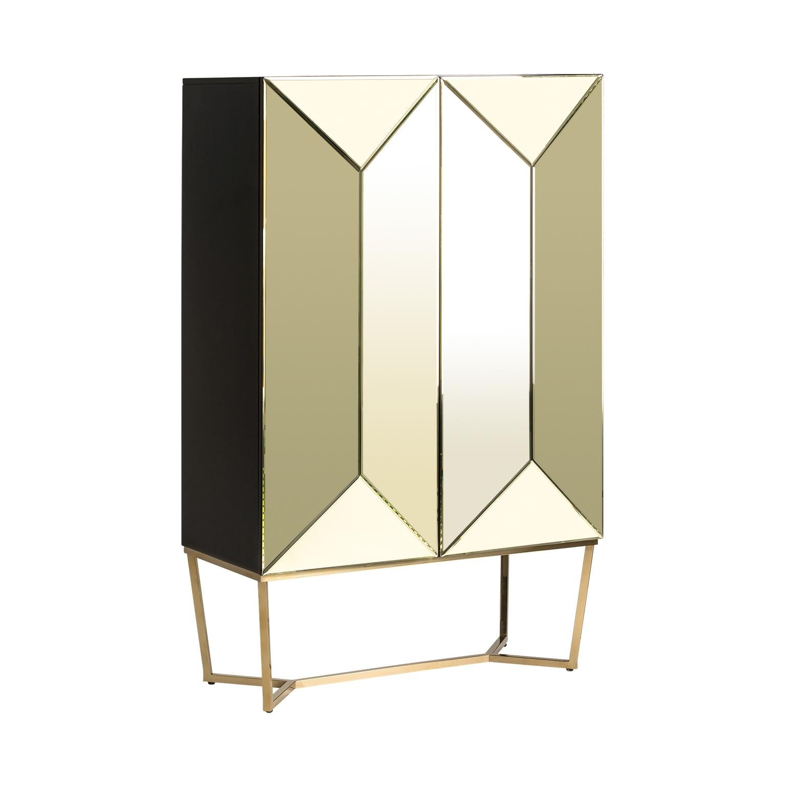 European Gold Bevelled Mirror and Gilded Metal Feet Bar Cabinet