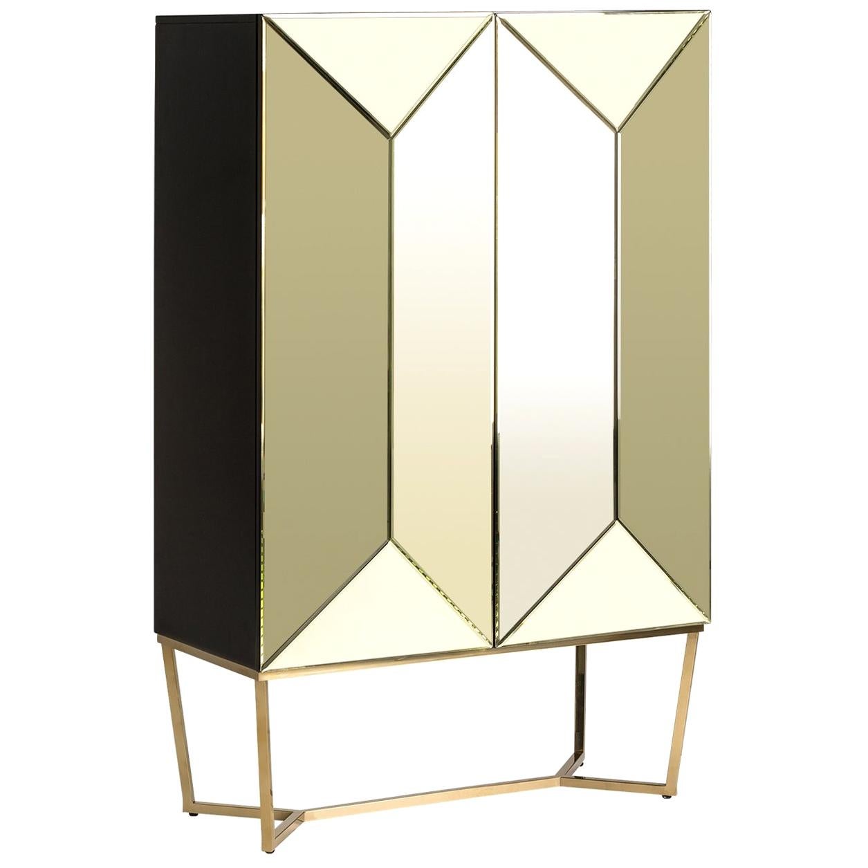 Gold Bevelled Mirror and Gilded Metal Feet Bar Cabinet