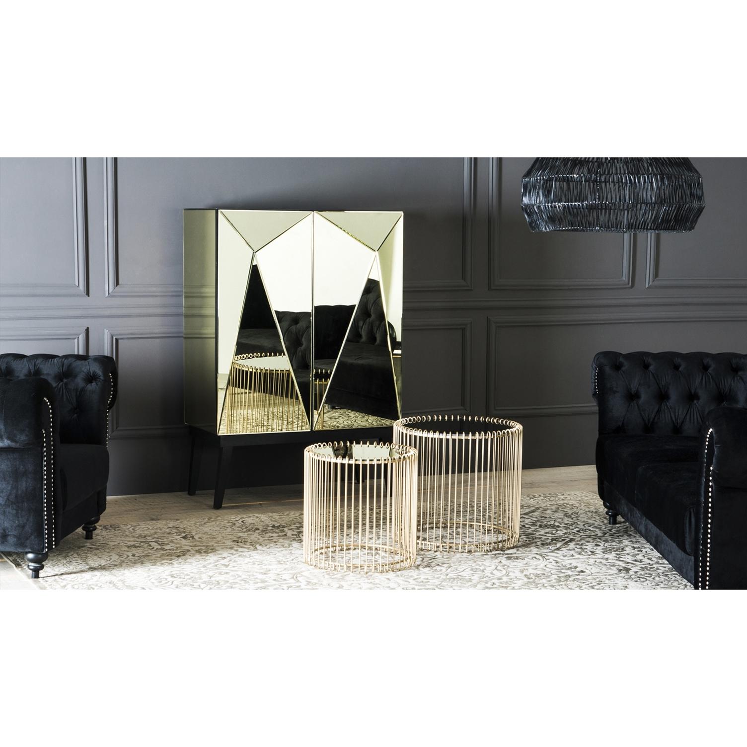 Barschrank mit Goldspiegel und schwarzen Holzfüßen (Metall)