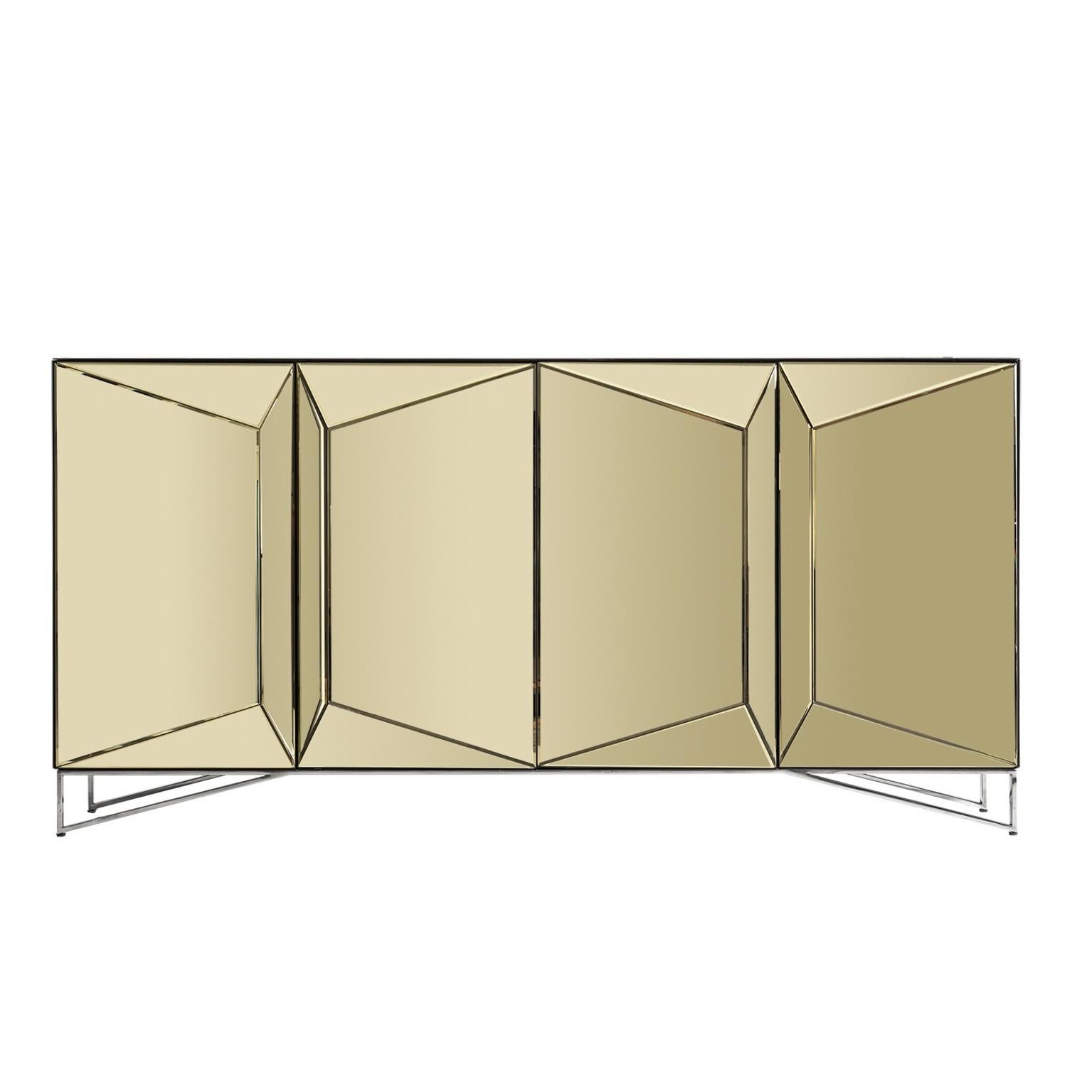 Sparkling and sophisticated gold mirror sideboard with chrome feet four mirrored doors that open on shelves.