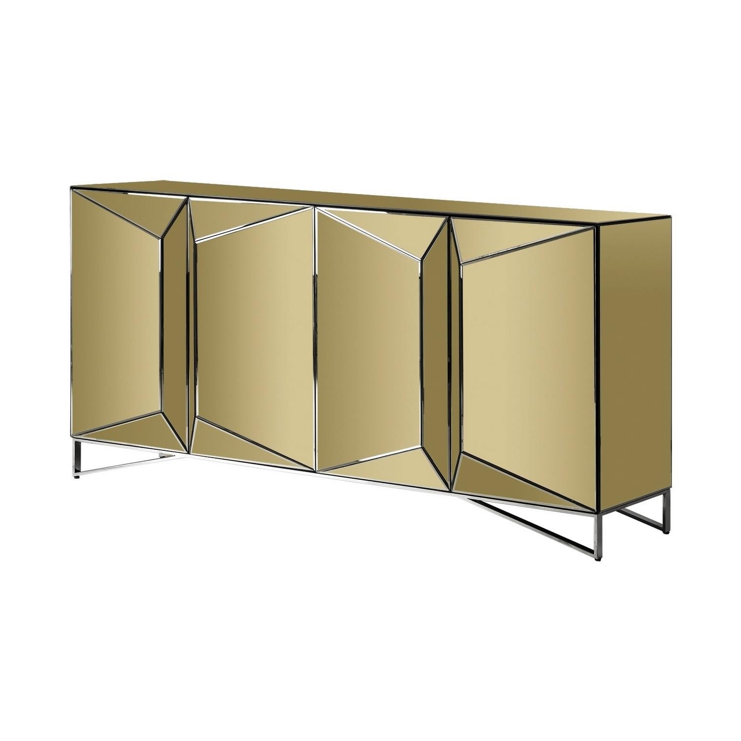 Sparkling and sophisticated gold bevelled mirror sideboard with chrome feet four with graphic panels opening on shelves.