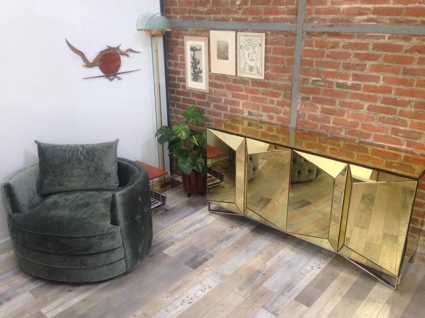 Contemporary Gold Bevelled Mirrored and Chrome Design Sideboard