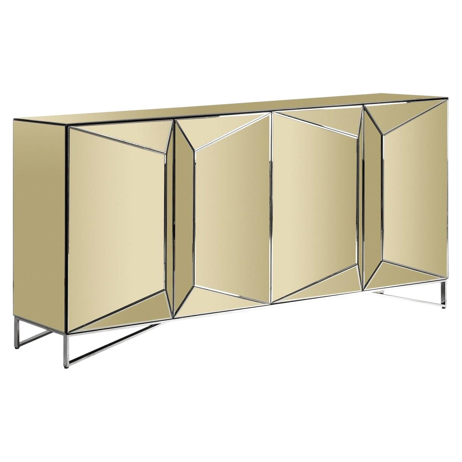 Gold Bevelled Mirrored and Chrome Design Sideboard