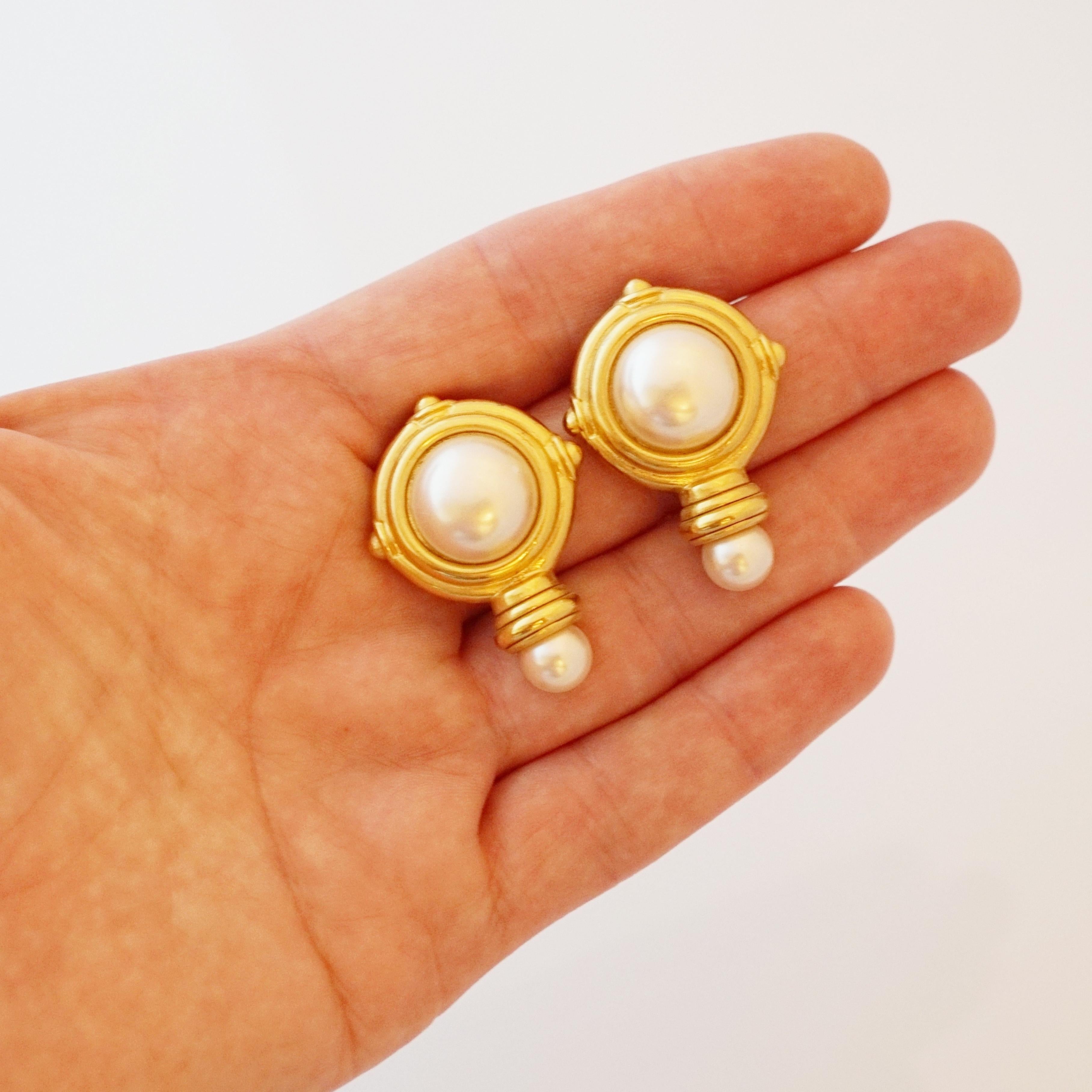 Gold Bezel Pearl Drop Earrings By Kenneth Jay Lane, 1990s For Sale 1