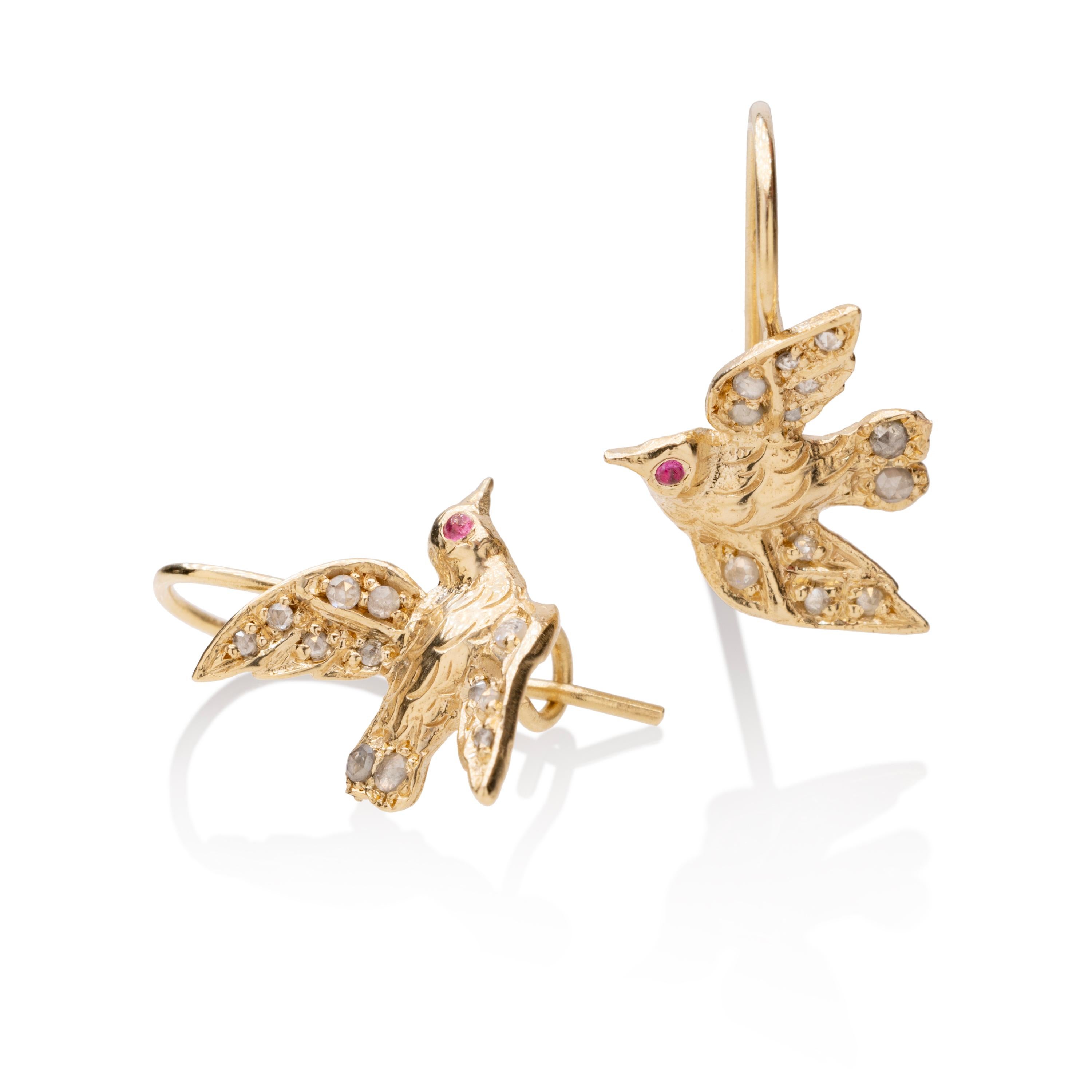 Rose Cut Gold Bird Diamond Earrings For Sale