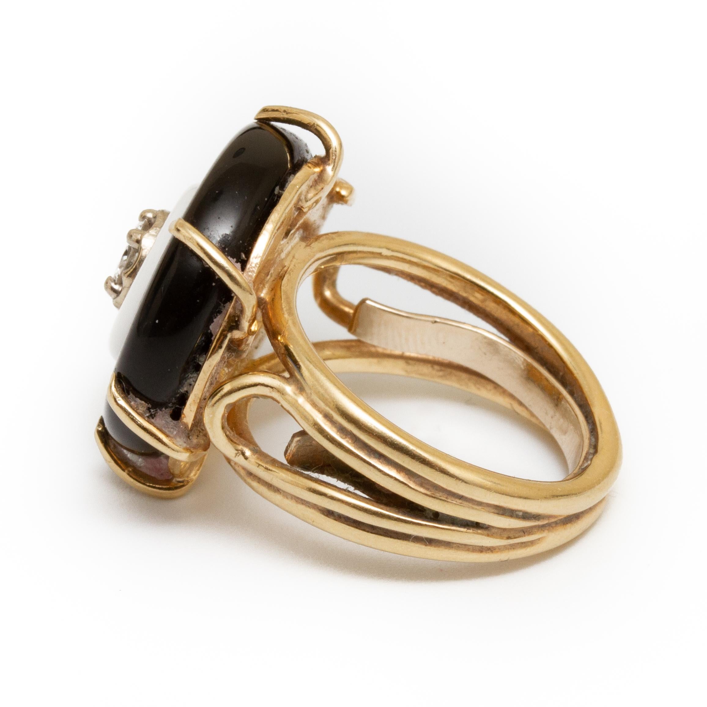 Round Cut Gold, Black and White Onyx and Diamond Ring