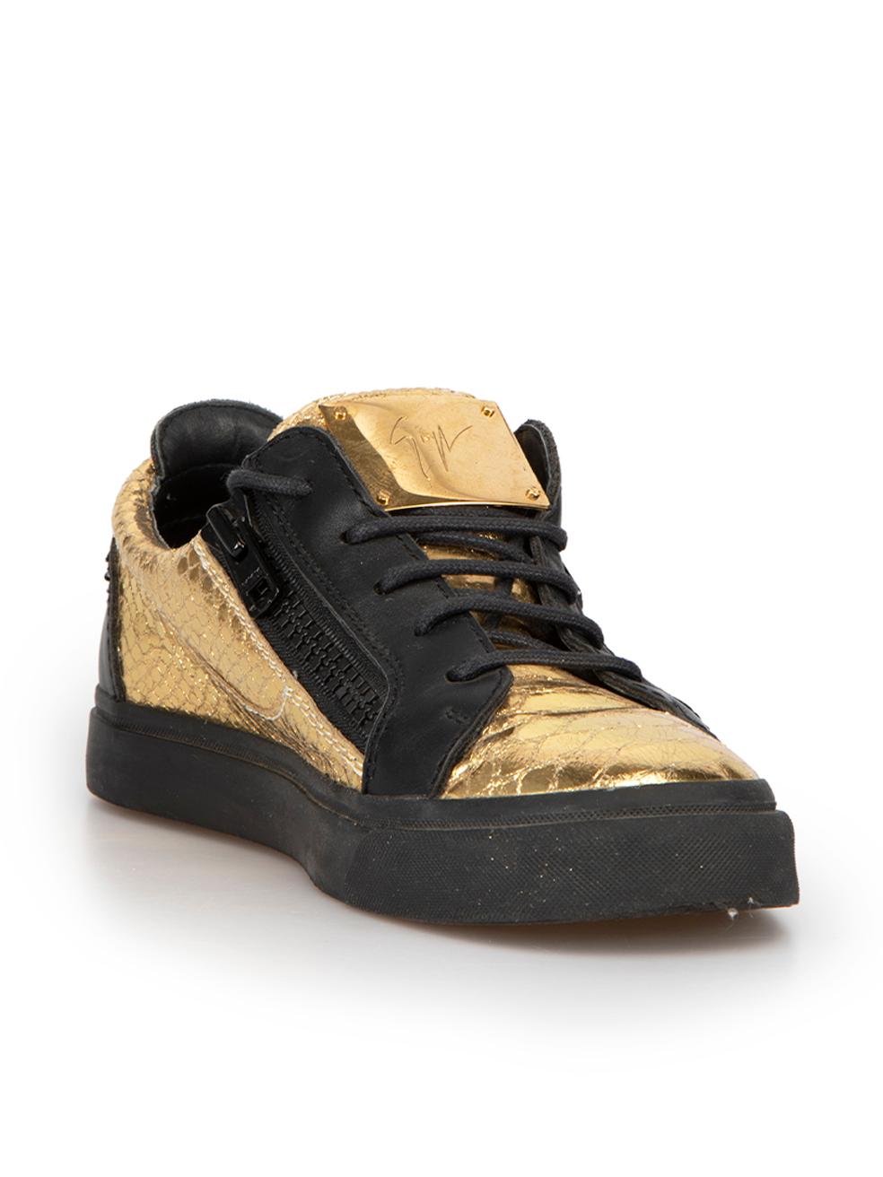 CONDITION is Very good. Hardly any visible wear to shoes is evident on this used Giuseppe Zanotti designer resale item. 
 
 Details
  Gold and black
 Leather
 Low top trainers
 Python skin embossed pattern
 Round toe
 Flatform heel
 Lace up closure
