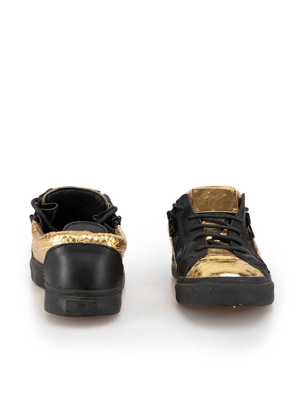Giuseppe Zanotti Gold & Black Leather Snakeskin Embossed Trainers Size IT 36 In Good Condition For Sale In London, GB