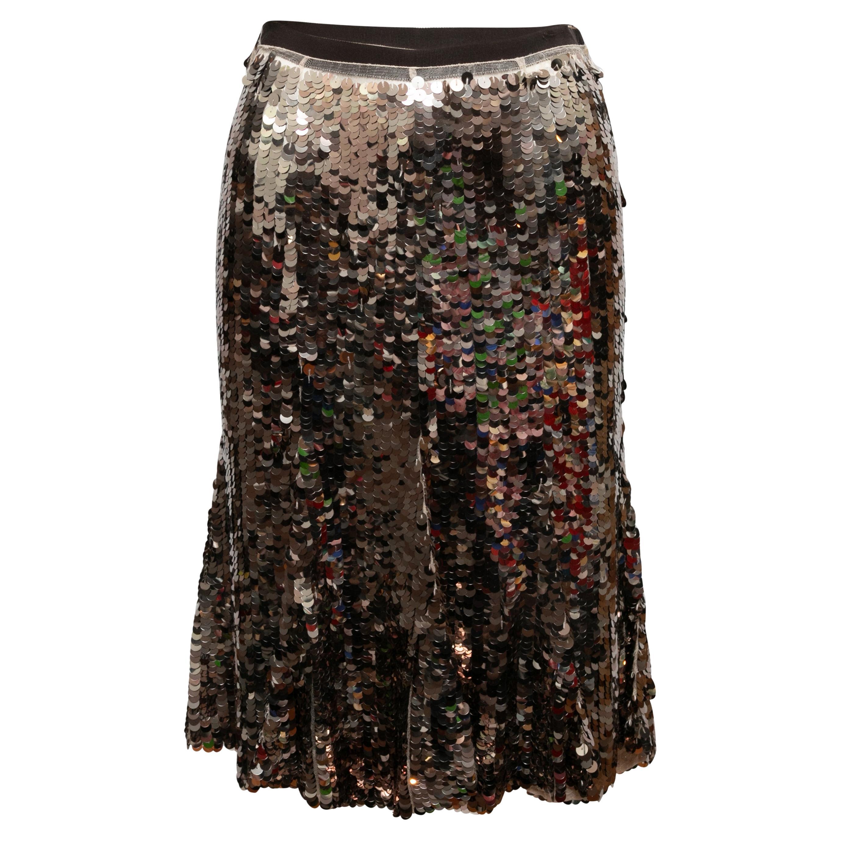Gold & Black Prada Sequined Silk Knee-Length Skirt Size IT 40 For Sale