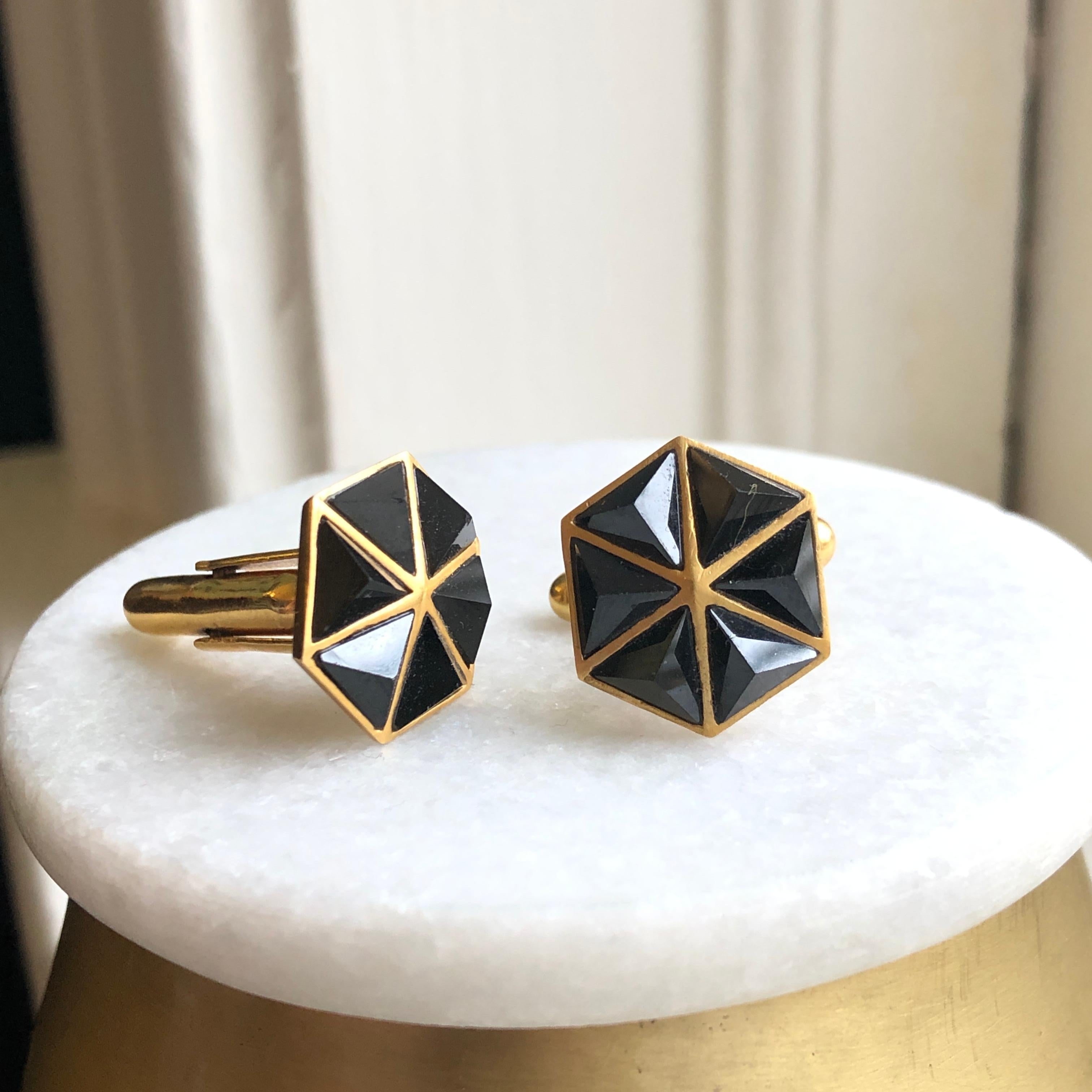 Set yourself apart with these stunning Black Spinel and 18kt Gold Cufflinks designed by award winning jewelry designer, Lauren Harper.  Each Black Spinel pyramid is hand faceted in a masculine, edgy cut, making these cufflinks the ultimate
