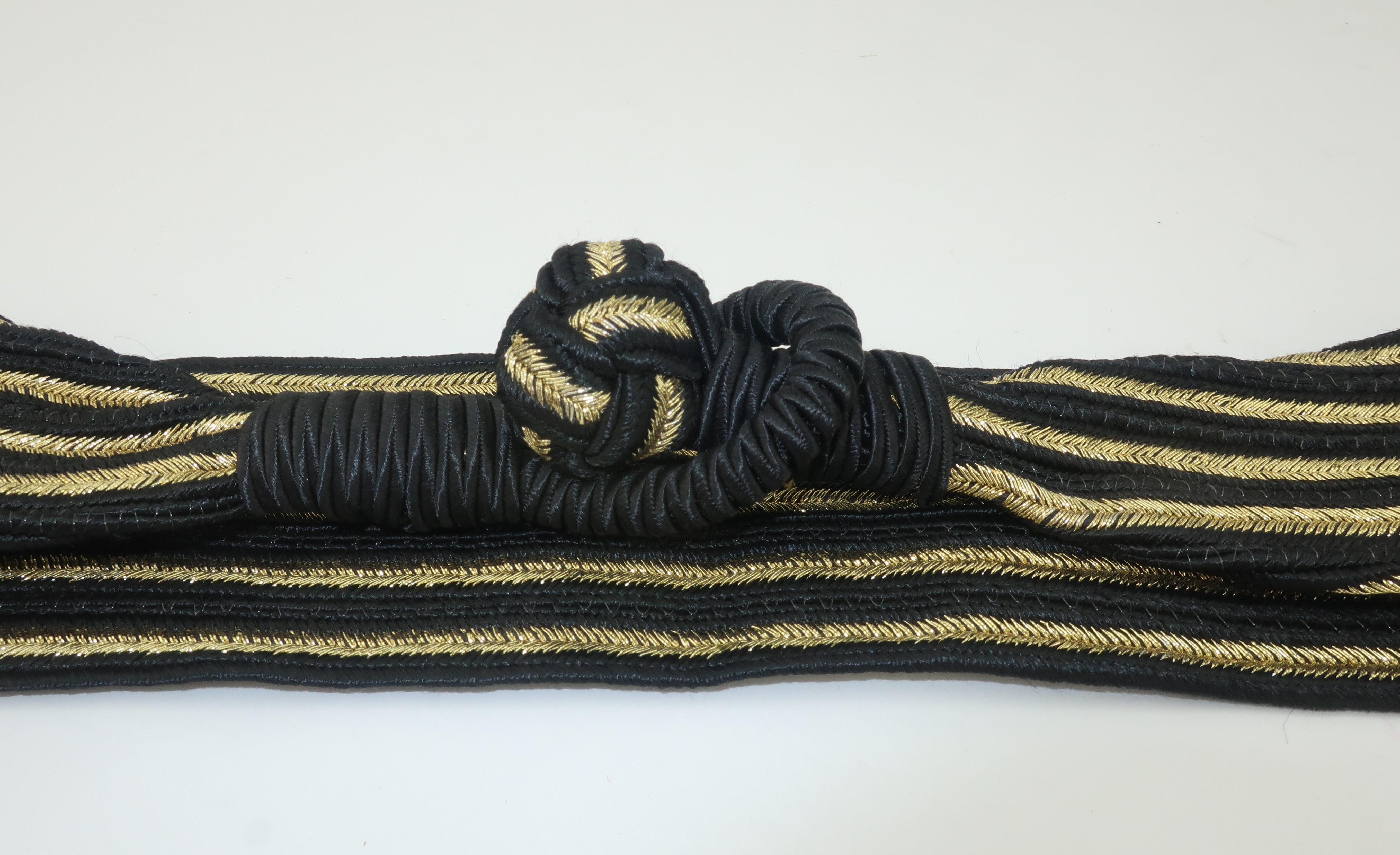 Women's Gold & Black Striped Cummerbund Style Silk Belt For Sale