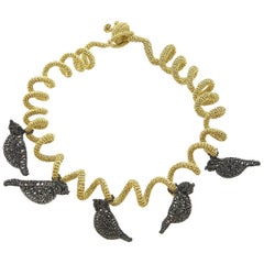 Gold Black Thread Birds Crochet One Of A Kind Contemporary Necklace Jewelry 