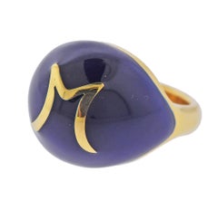 Gold Blue Enamel Dome M Initial Ring