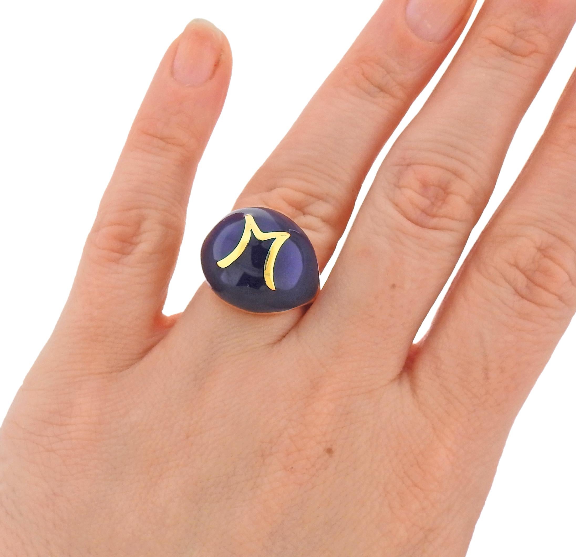 Gold Blue Enamel Dome M Initial Ring In Excellent Condition For Sale In New York, NY