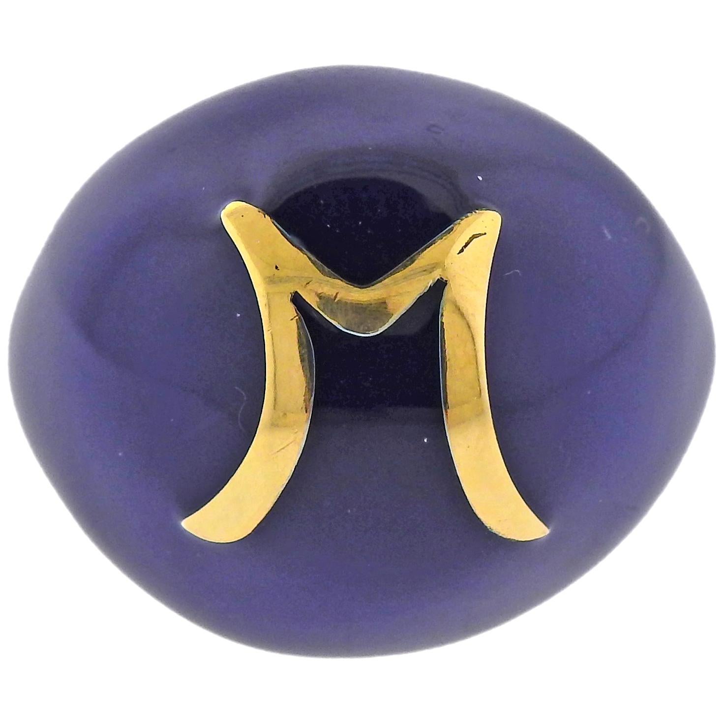 Gold Blue Enamel Dome M Initial Ring For Sale