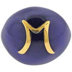 Gold Blue Enamel Dome M Initial Ring