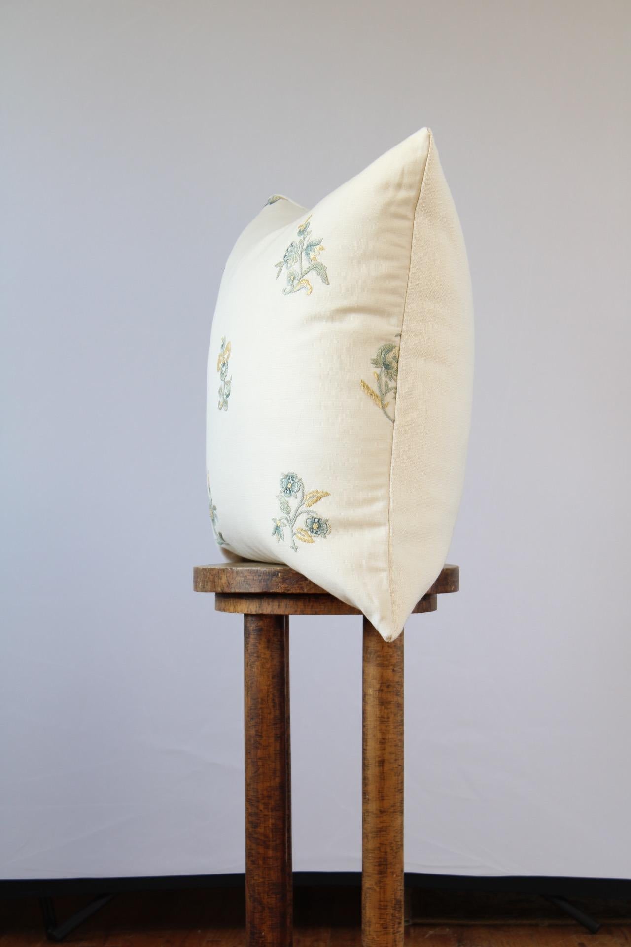 Dimensions: 22” x 22” 

Pillow front: gold & blue green embroidered flowers / pillow back: off white cotton

Our pillows are designed by Vantage Design and hand-sewn in Bozeman, MT by local seamstresses. Each one of our pillows includes our